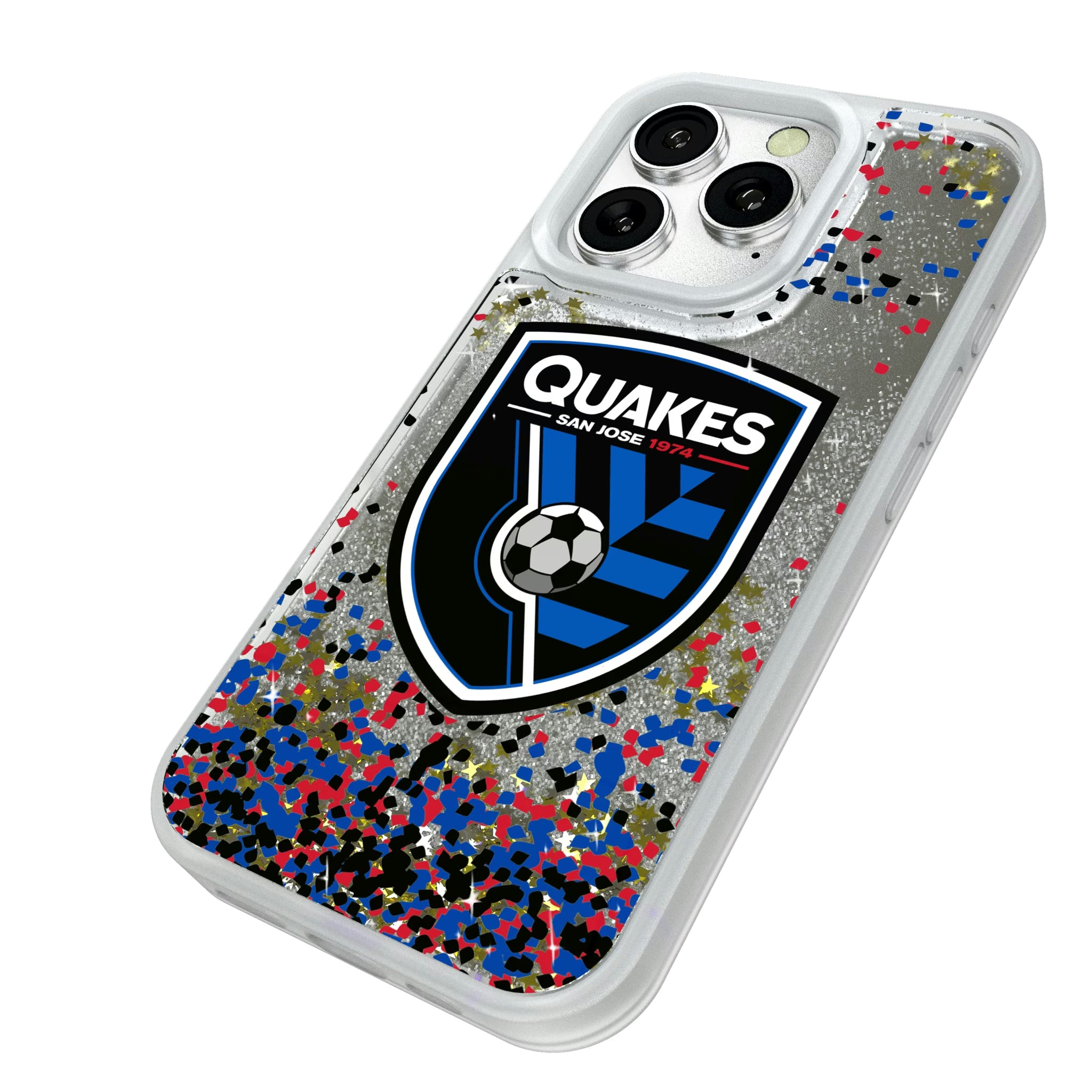 San Jose Earthquakes Confetti iPhone Glitter Phone Case for Apple iPhone - Isometric View#Device_iPhone 16 Pro