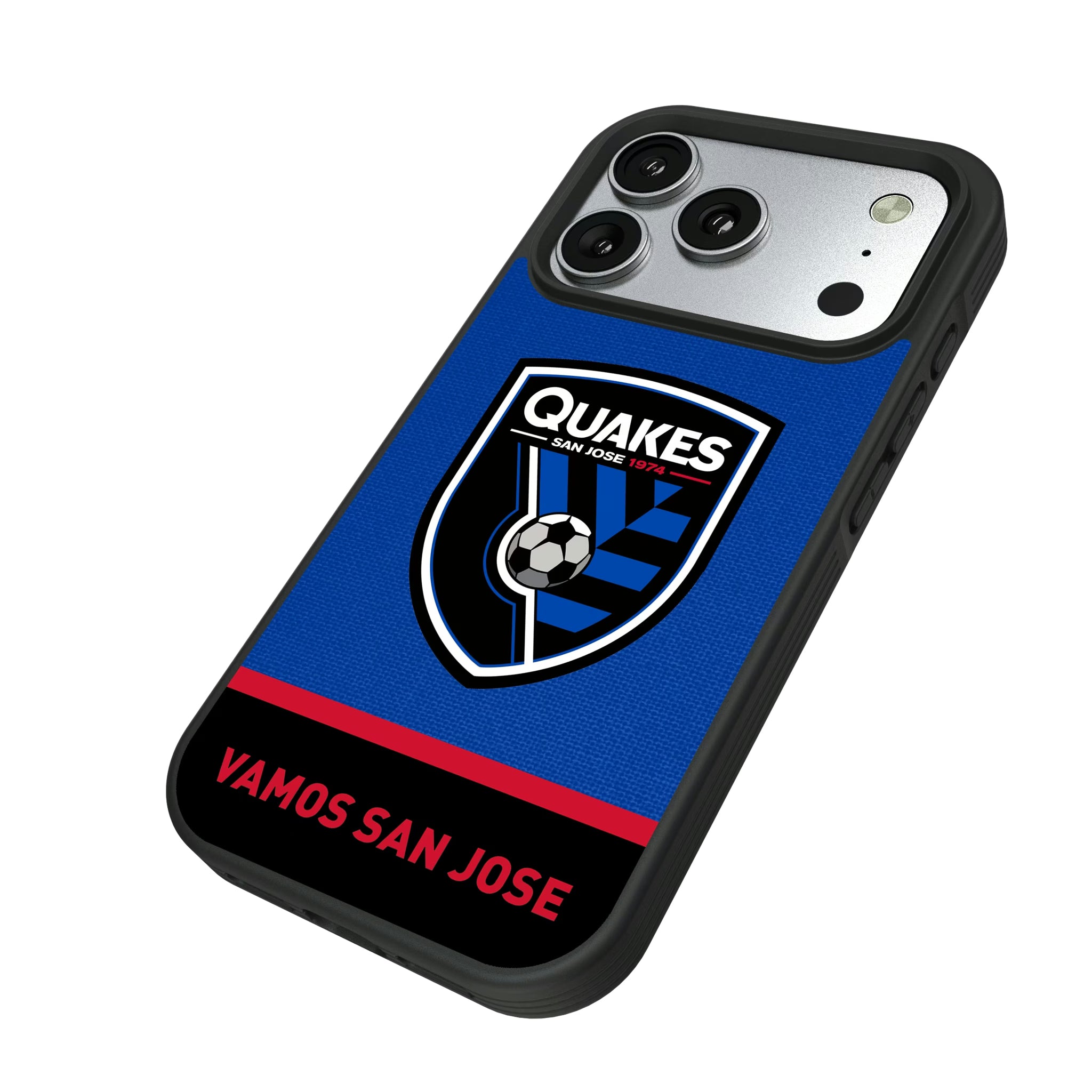 San Jose Earthquakes Endzone Solid iPhone Bump Phone Case for Apple iPhone - Isometric View#Device_iPhone 17 Pro