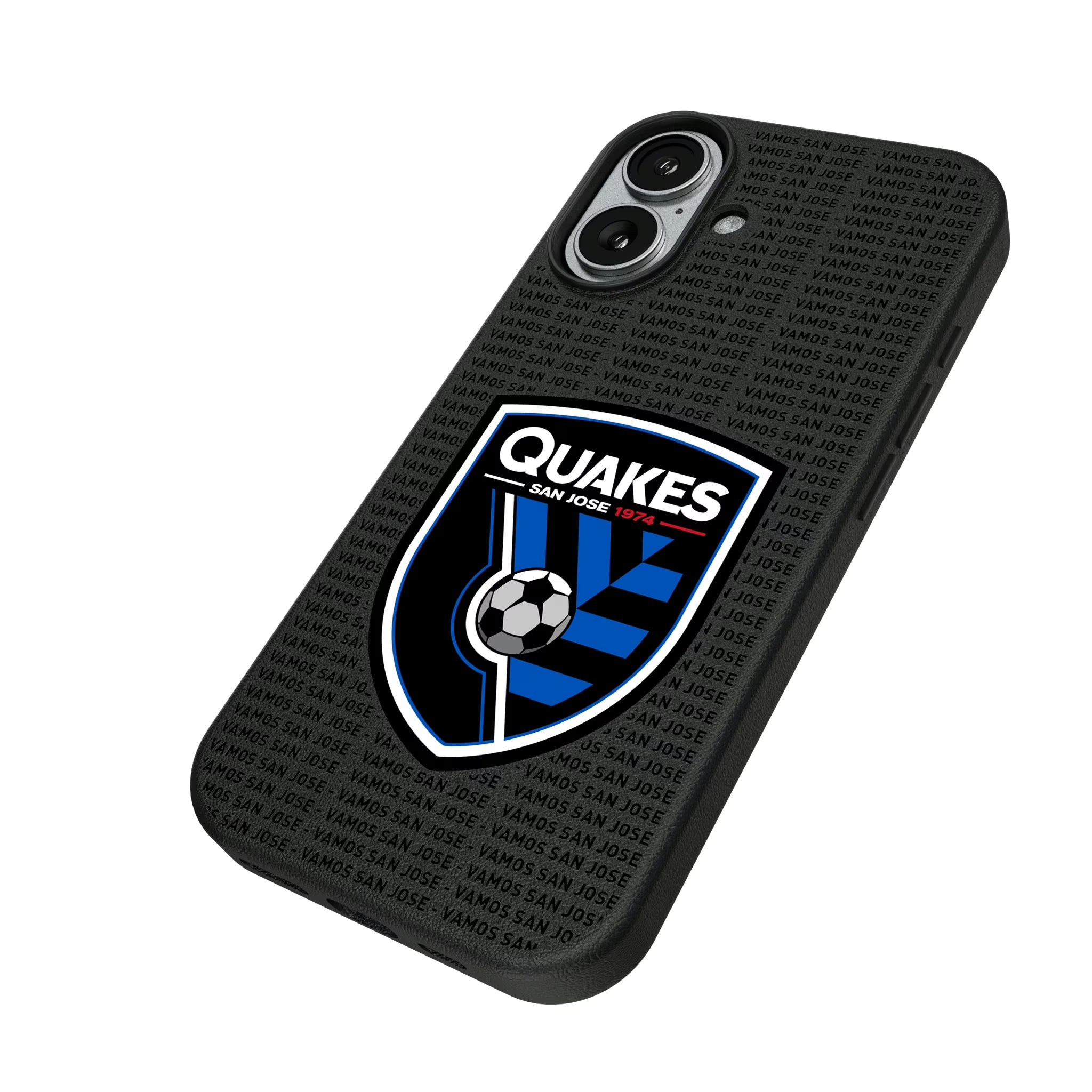 San Jose Earthquakes Text Backdrop iPhone MagSafe Compatible Phone Case for Apple iPhone - Isometric View#Device_iPhone 17