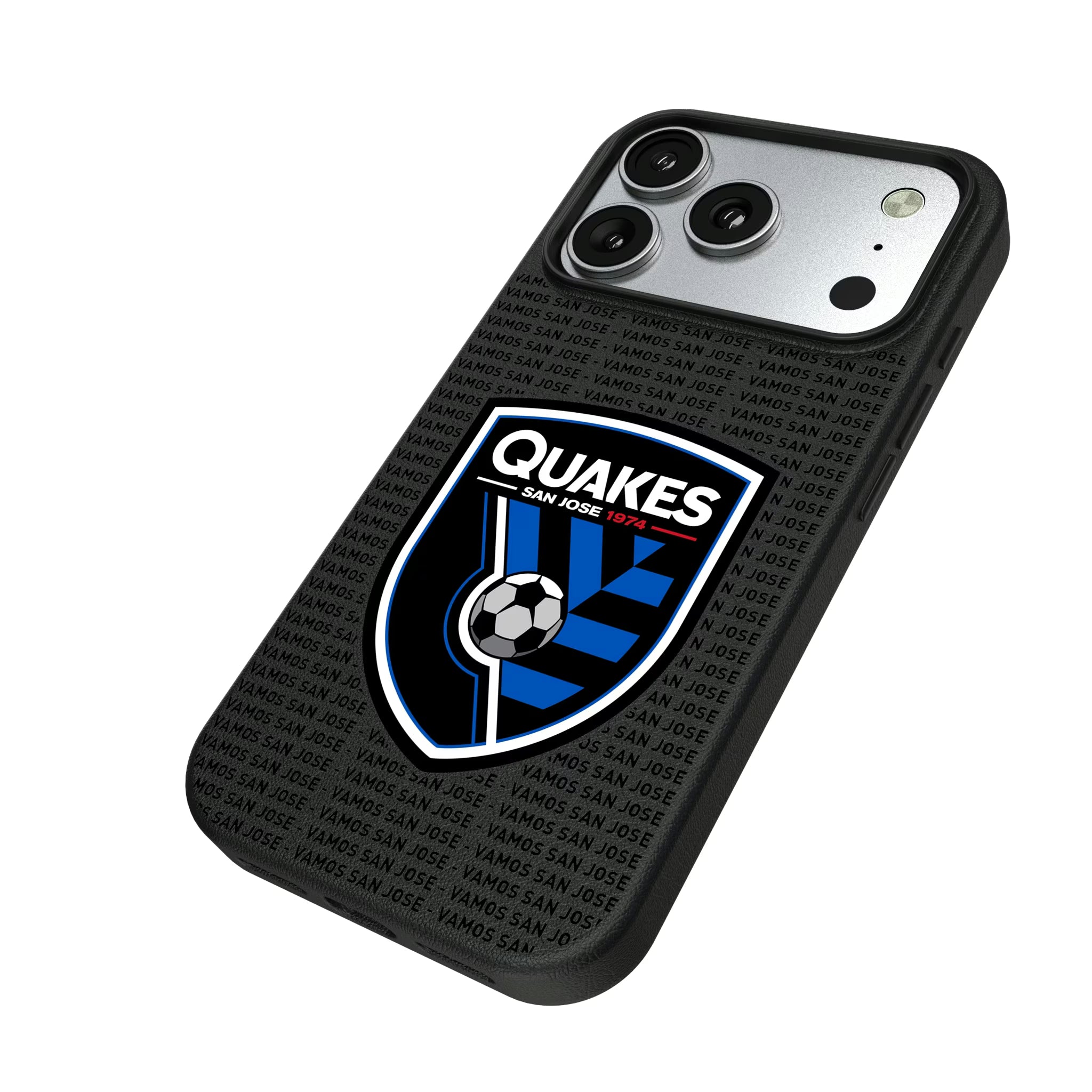 San Jose Earthquakes Text Backdrop iPhone MagSafe Compatible Phone Case for Apple iPhone - Isometric View#Device_iPhone 17 Pro
