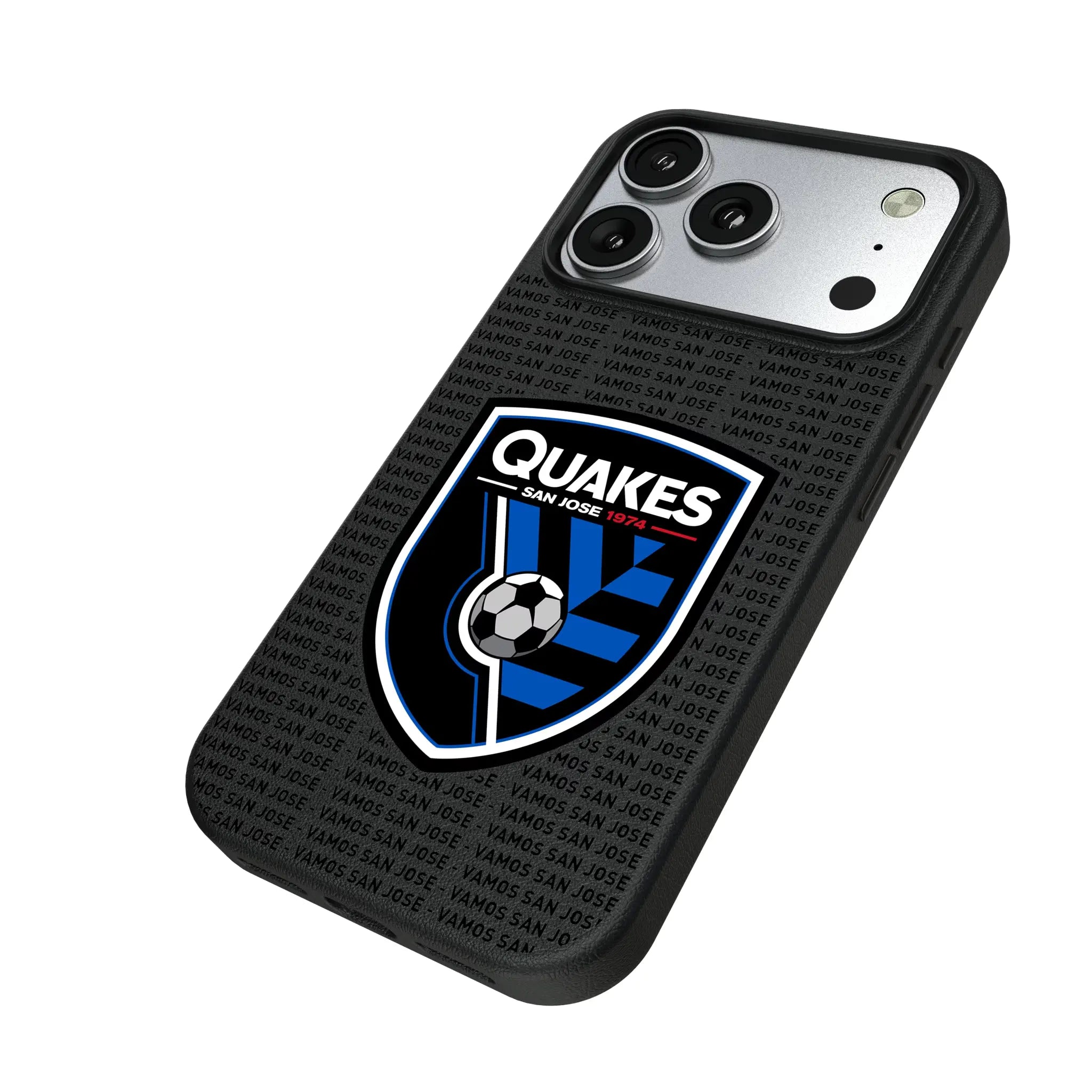 San Jose Earthquakes Text Backdrop iPhone MagSafe Compatible Phone Case for Apple iPhone - Isometric View#Device_iPhone 17 Pro
