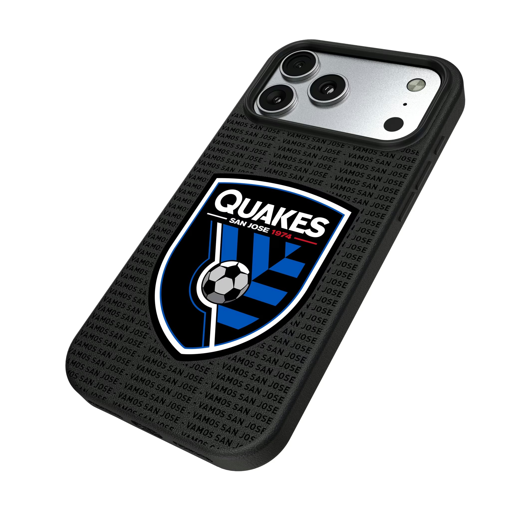 San Jose Earthquakes Text Backdrop iPhone MagSafe Compatible Phone Case for Apple iPhone - Isometric View#Device_iPhone 17 Pro Max