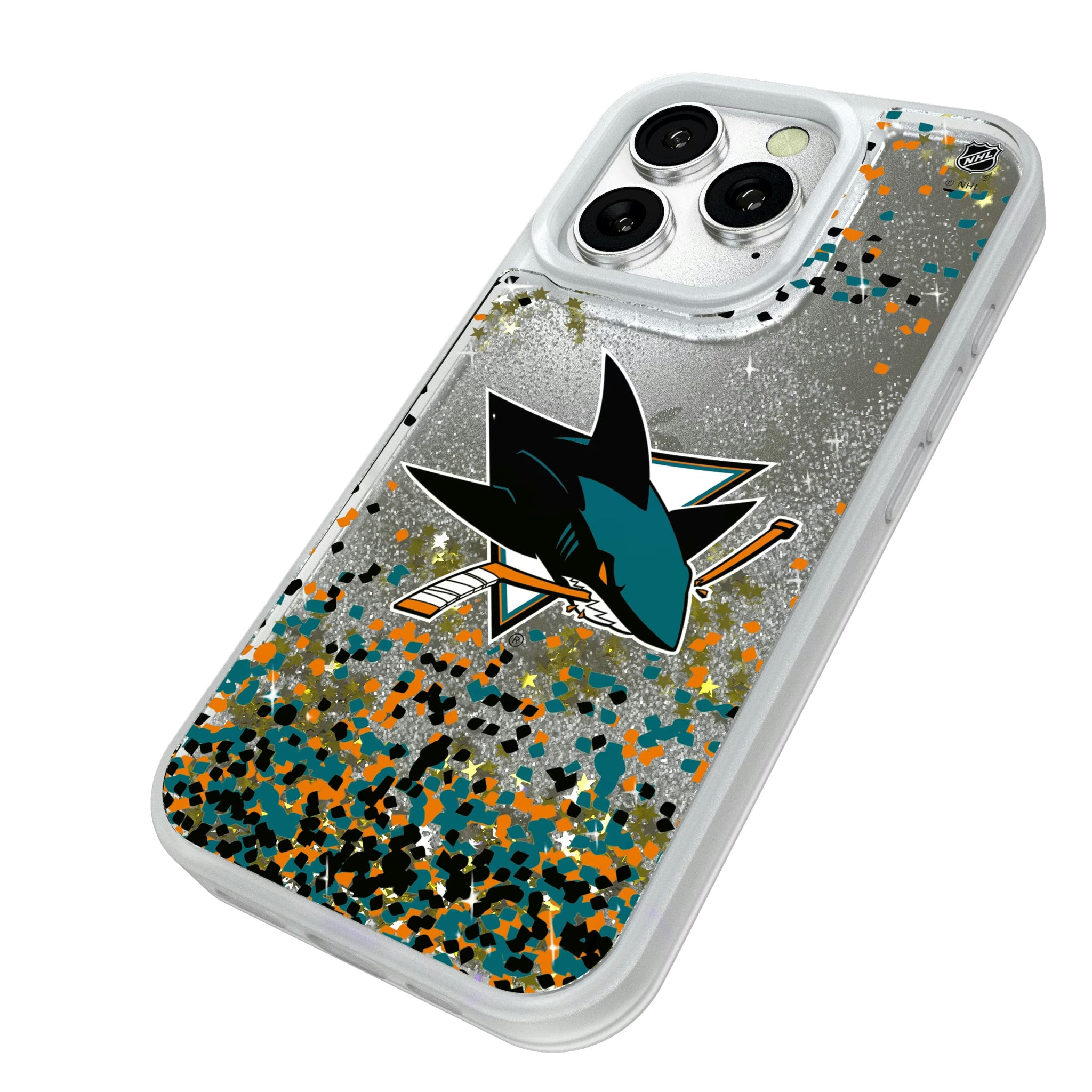 San Jose Sharks Confetti iPhone Glitter Phone Case for Apple iPhone - Isometric View#Device_iPhone 16 Pro