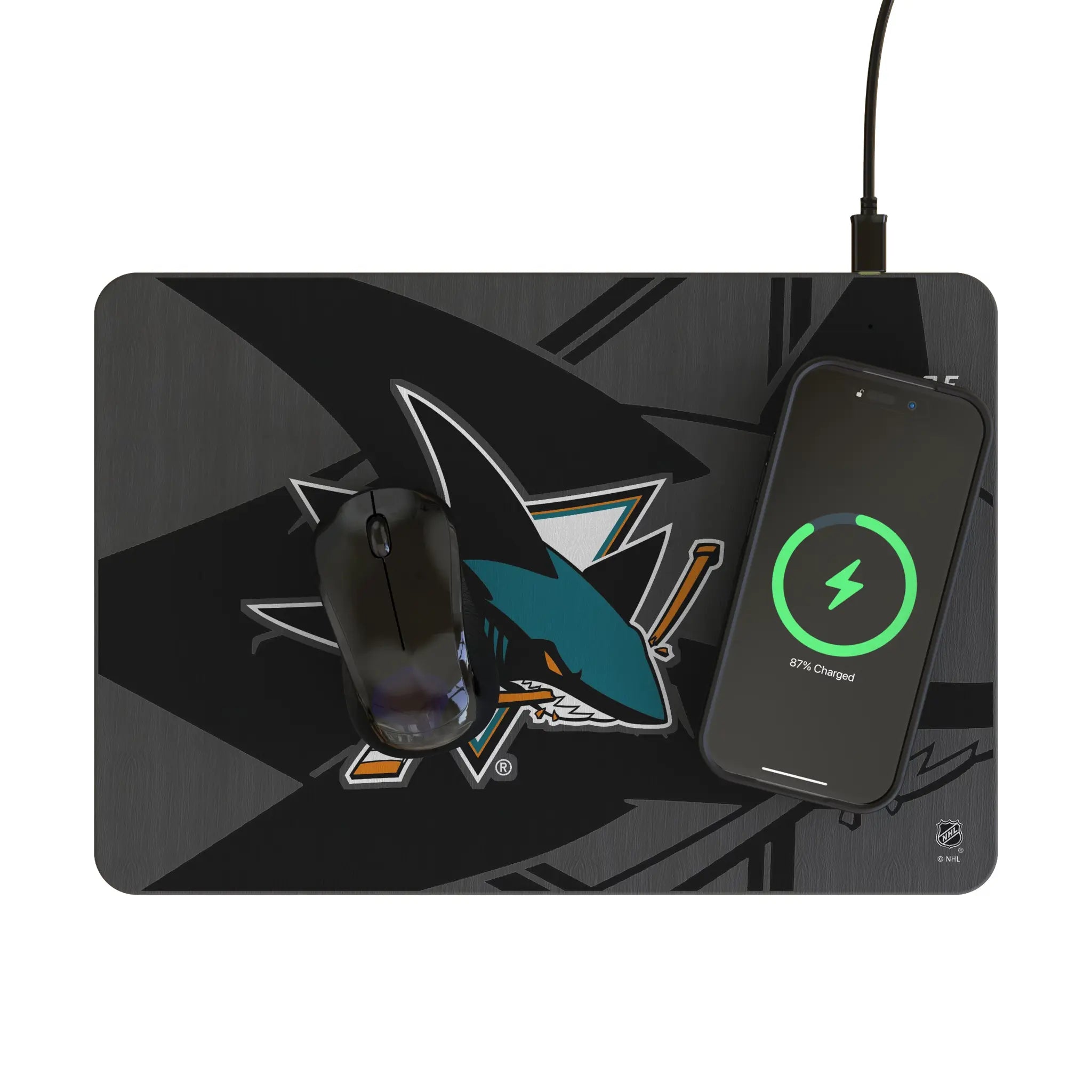 San Jose Sharks Monocolor Tilt 15-Watt Wireless Charger and Mouse Pad - Lifestyle