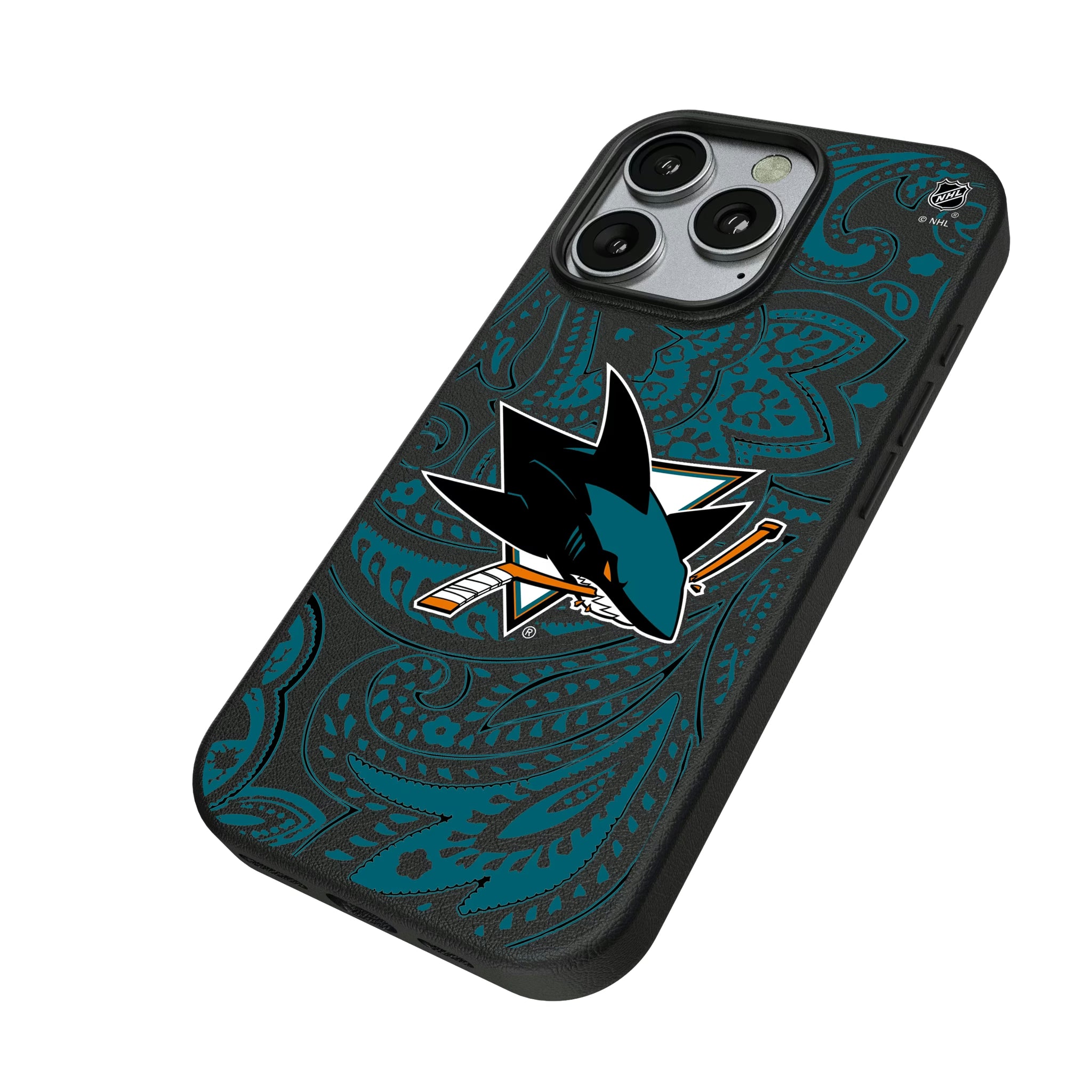 San Jose Sharks Paisley iPhone MagSafe Compatible Phone Case for Apple iPhone - Isometric View