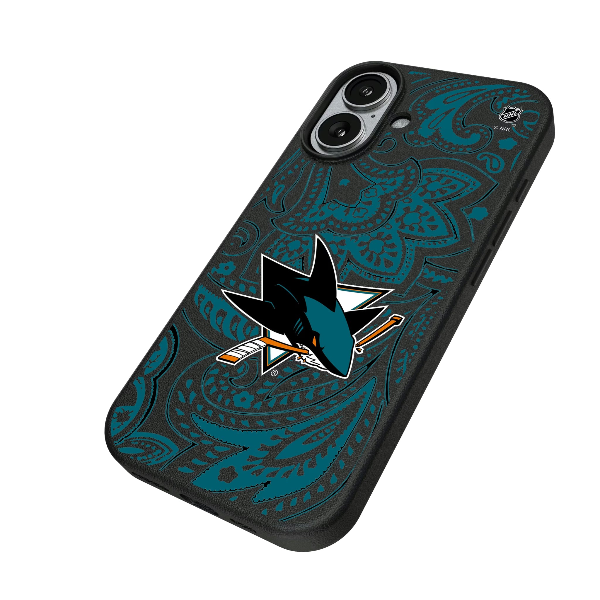 San Jose Sharks Paisley iPhone MagSafe Compatible Phone Case for Apple iPhone - Isometric View#Device_iPhone 17