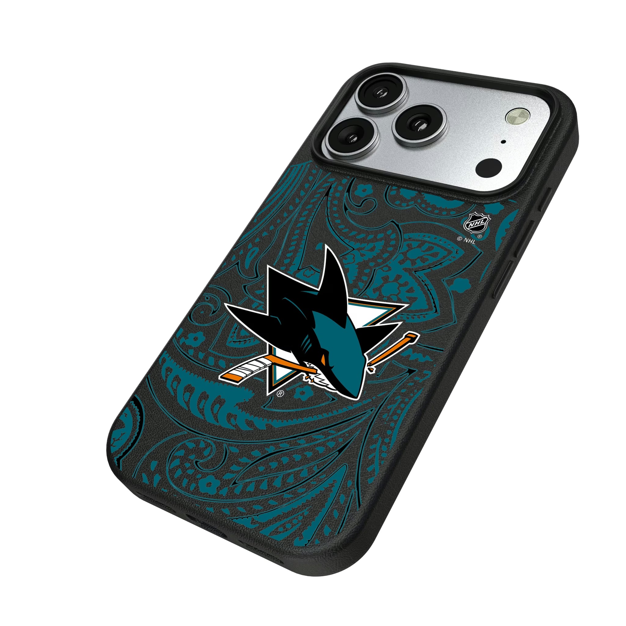 San Jose Sharks Paisley iPhone MagSafe Compatible Phone Case for Apple iPhone - Isometric View#Device_iPhone 17 Pro