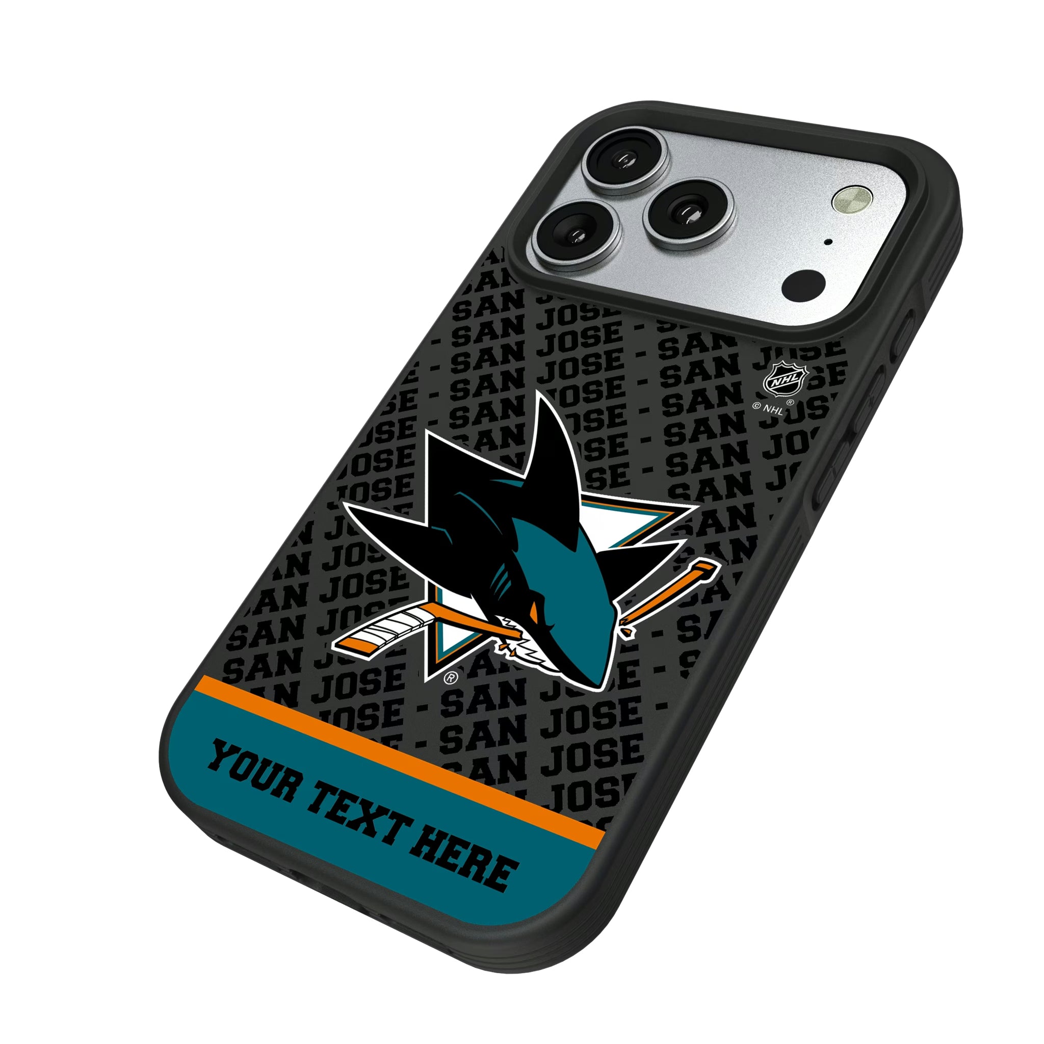 San Jose Sharks Personalized EndZone Plus iPhone Bump Phone Case for Apple iPhone - Isometric View#Device_iPhone 17 Pro