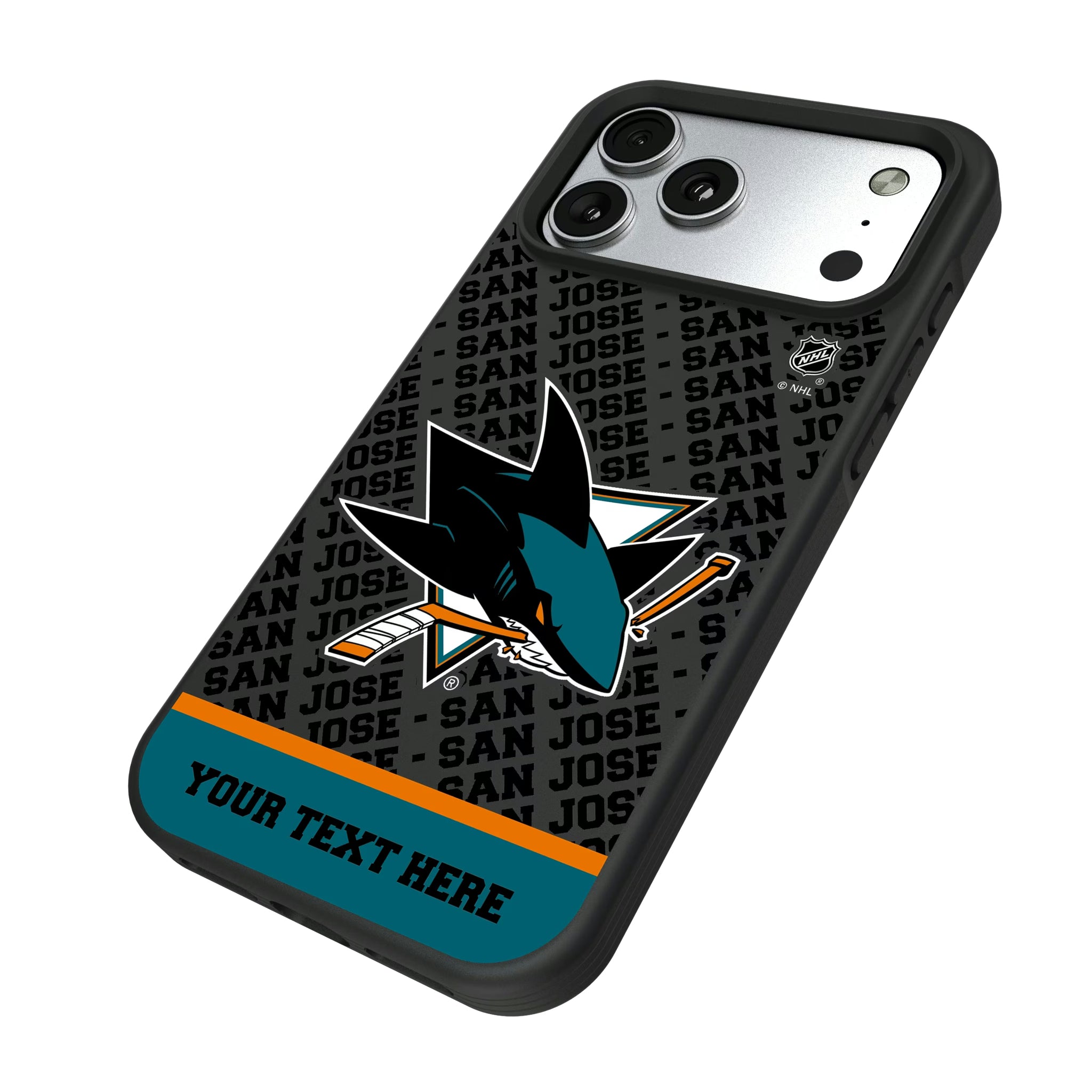 San Jose Sharks Personalized EndZone Plus iPhone Bump Phone Case for Apple iPhone - Isometric View#Device_iPhone 17 Pro Max