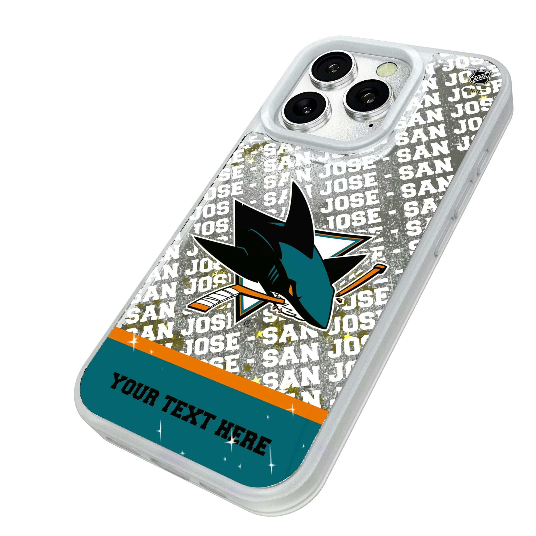 San Jose Sharks Personalized EndZone Plus iPhone Glitter Phone Case for Apple iPhone - Isometric View#Device_iPhone 16 Pro