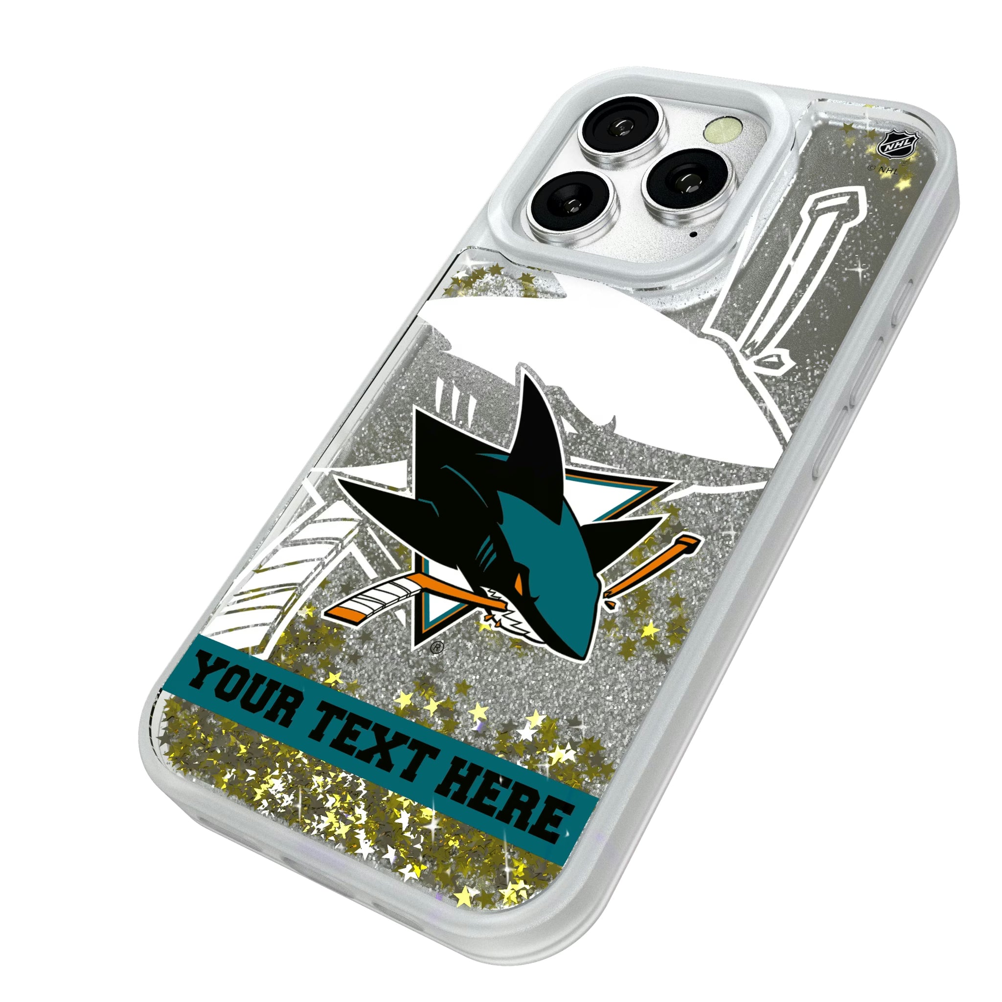 San Jose Sharks Personalized Tilt iPhone Glitter Phone Case for Apple iPhone - Isometric View#Device_iPhone 16 Pro