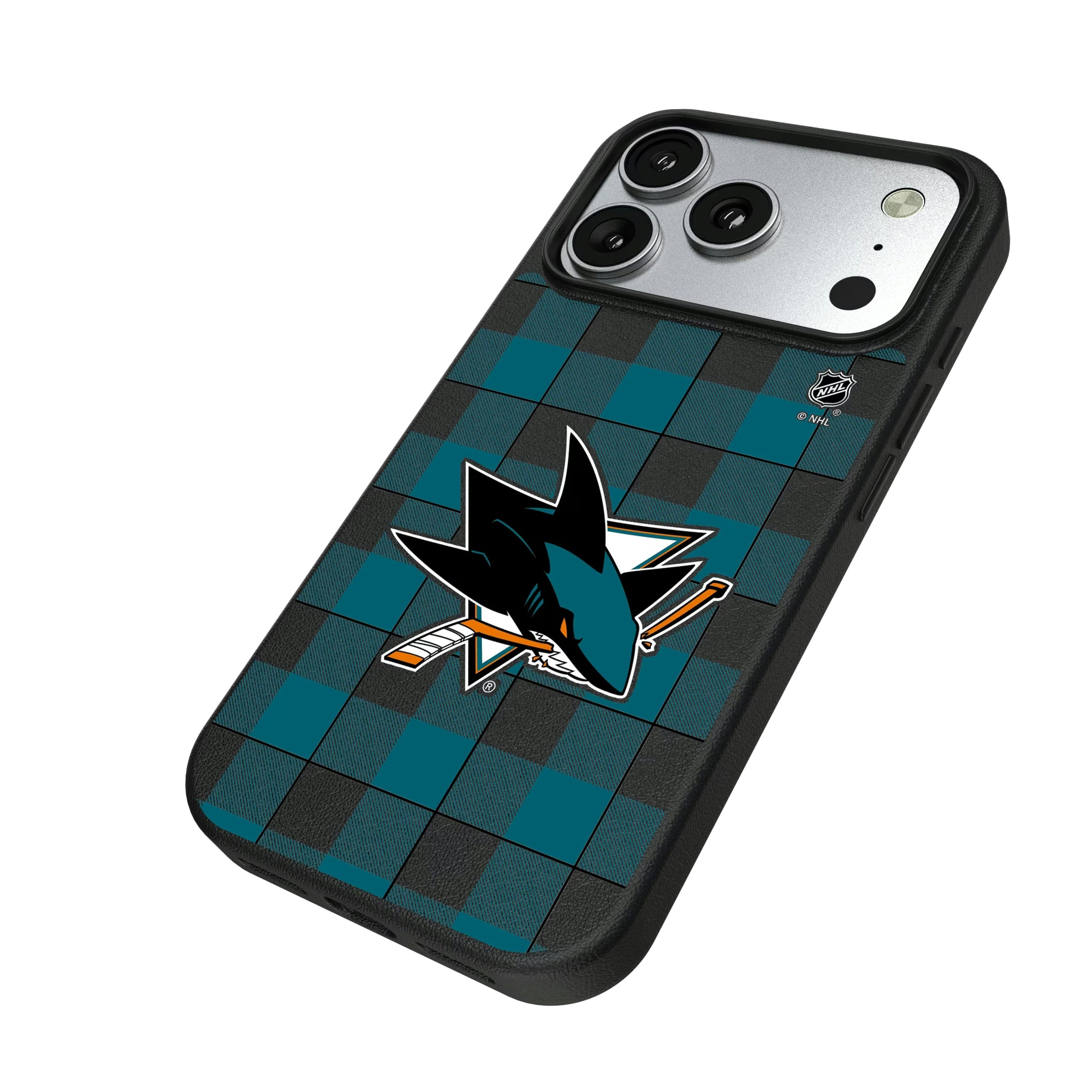 San Jose Sharks Plaid iPhone MagSafe Compatible Phone Case for Apple iPhone - Isometric View#Device_iPhone 17 Pro