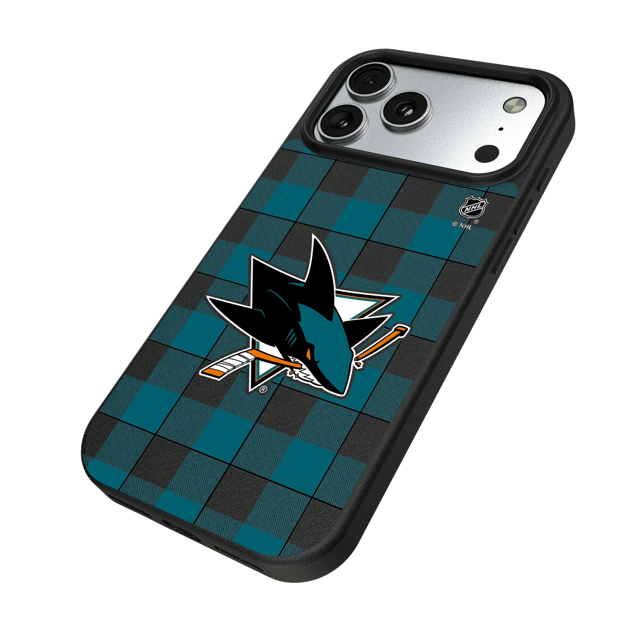 San Jose Sharks Plaid iPhone MagSafe Compatible Phone Case for Apple iPhone - Isometric View#Device_iPhone 17 Pro Max