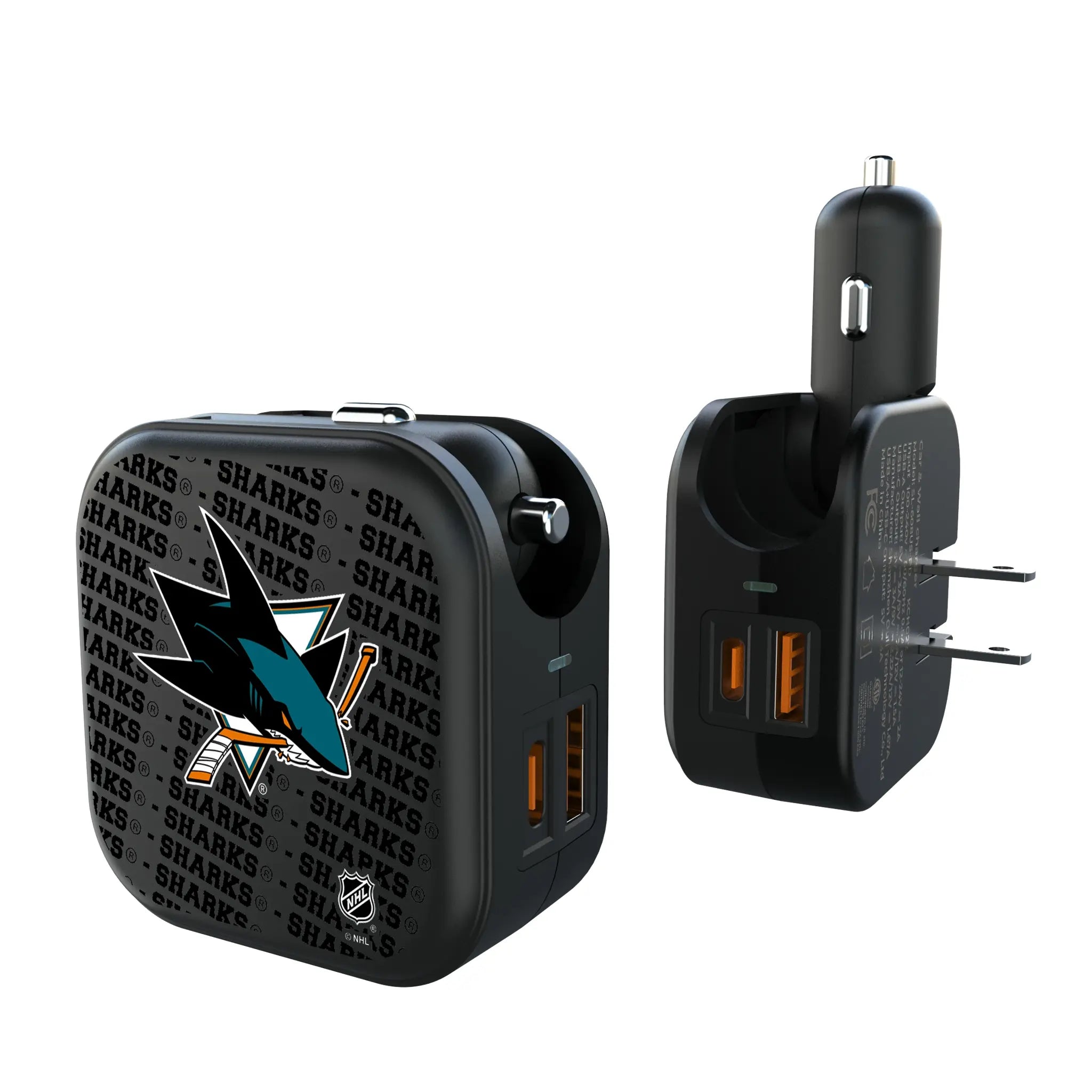 San Jose Sharks Text Backdrop 2 in 1 USB A/C Charger
