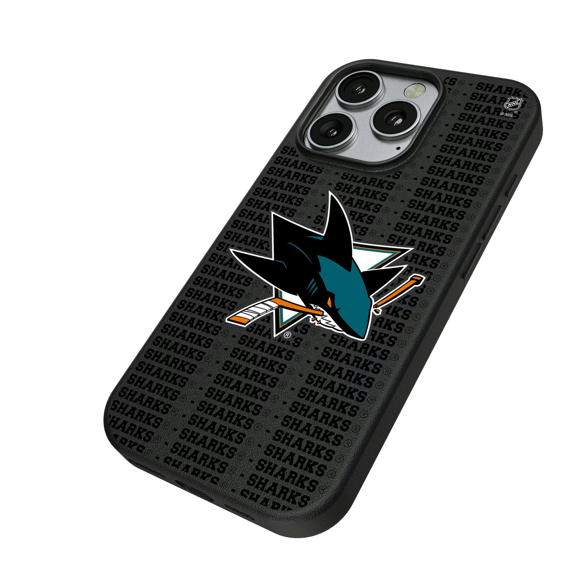 San Jose Sharks Text Backdrop iPhone MagSafe Compatible Phone Case for Apple iPhone - Isometric View
