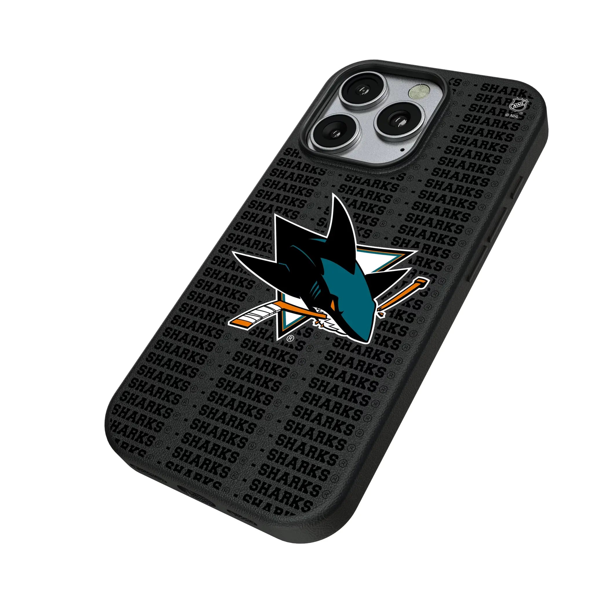 San Jose Sharks Text Backdrop iPhone MagSafe Compatible Phone Case for Apple iPhone - Isometric View