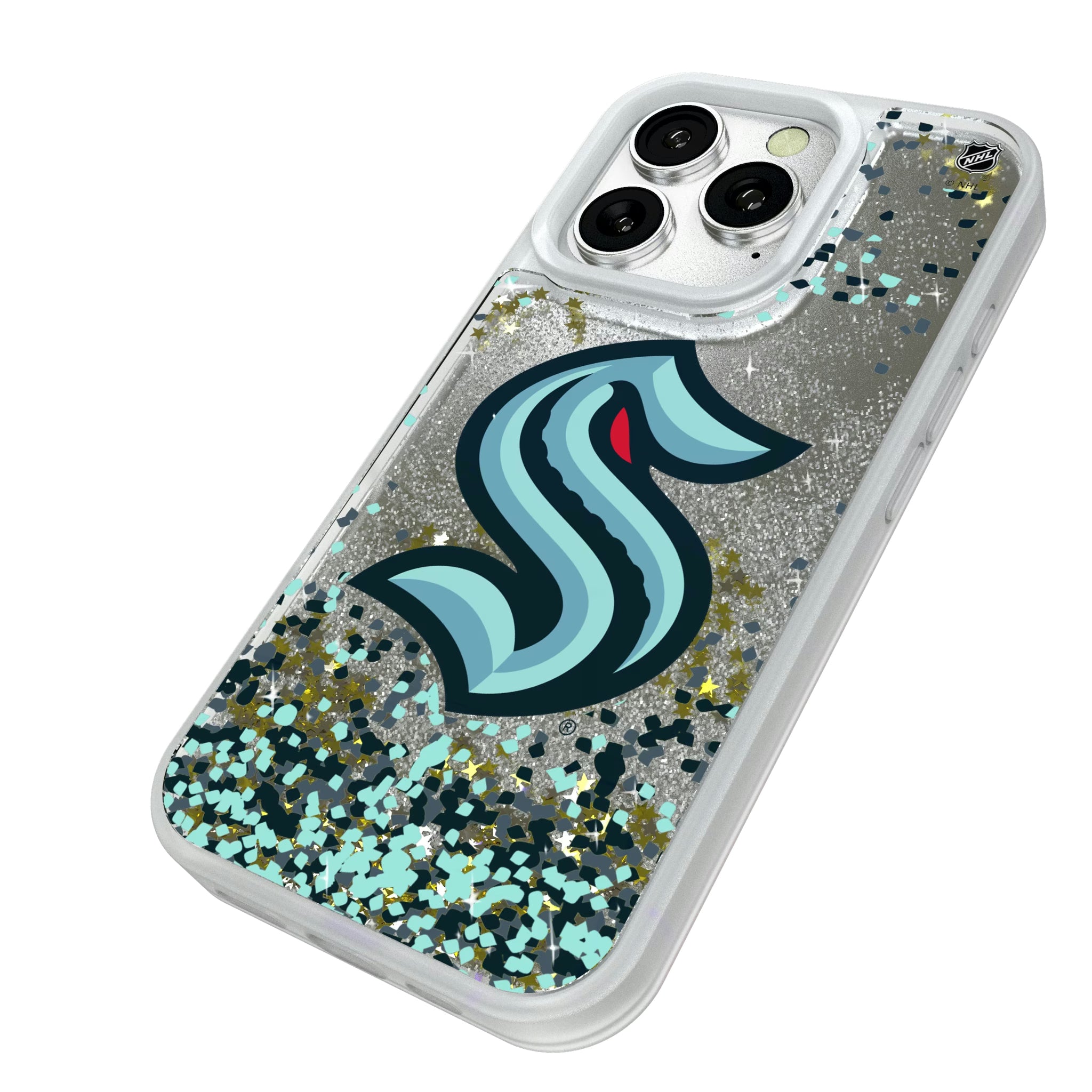 Seattle Kraken Confetti iPhone Glitter Phone Case for Apple iPhone - Isometric View#Device_iPhone 16 Pro