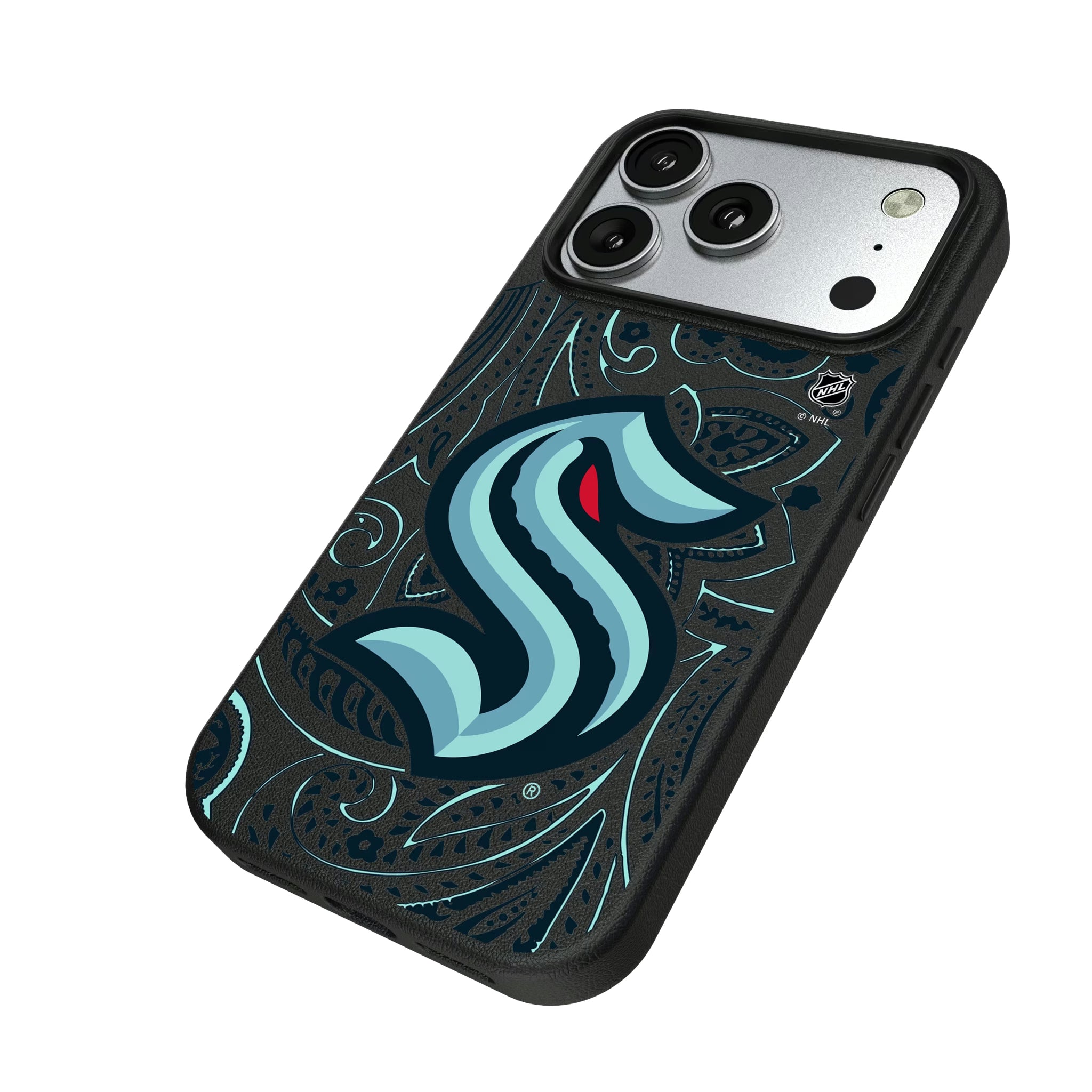 Seattle Kraken Paisley iPhone MagSafe Compatible Phone Case for Apple iPhone - Isometric View#Device_iPhone 17 Pro