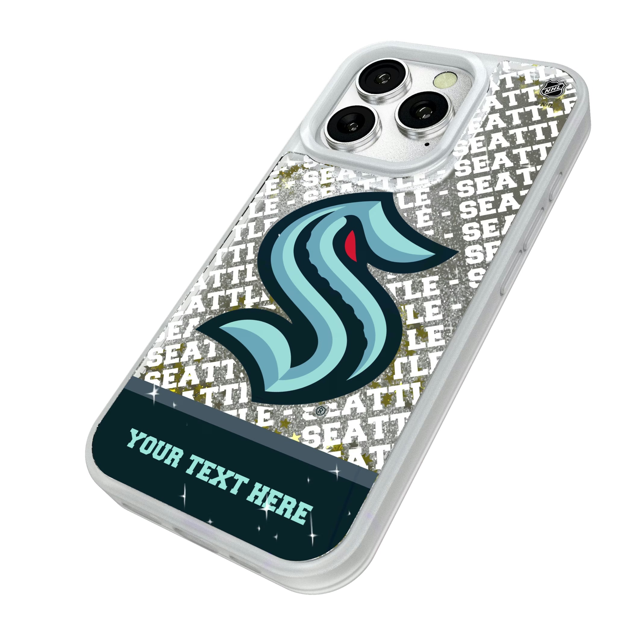 Seattle Kraken Personalized EndZone Plus iPhone Glitter Phone Case for Apple iPhone - Isometric View#Device_iPhone 16 Pro