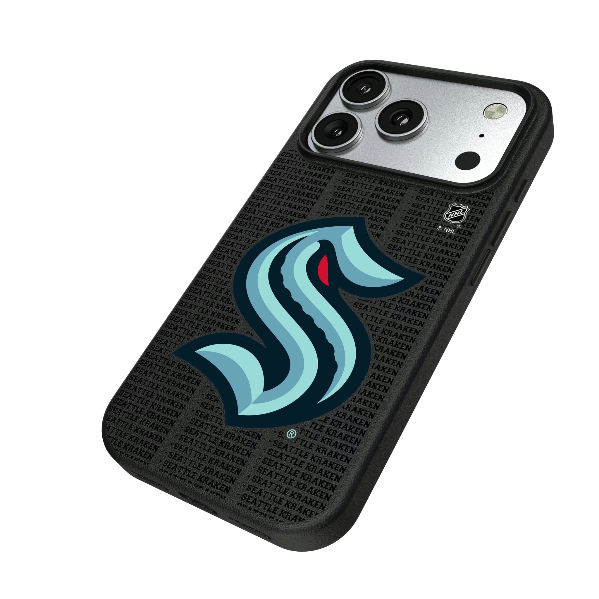 Seattle Kraken Text Backdrop iPhone MagSafe Compatible Phone Case for Apple iPhone - Isometric View#Device_iPhone 17 Pro