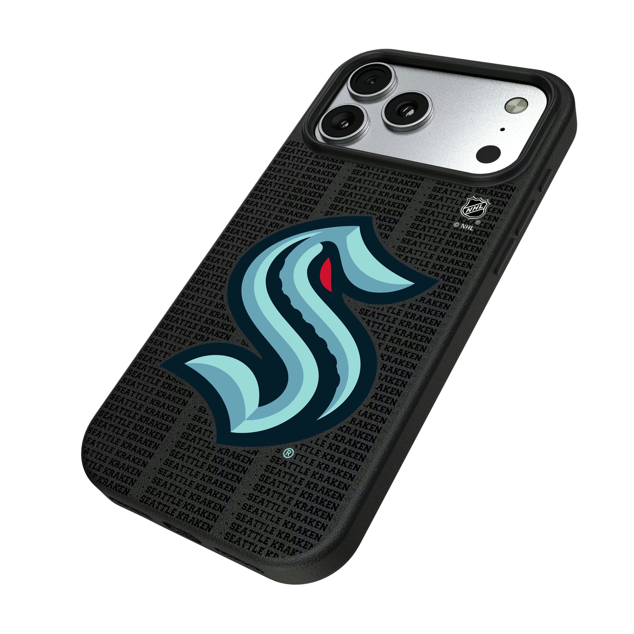 Seattle Kraken Text Backdrop iPhone MagSafe Compatible Phone Case for Apple iPhone - Isometric View#Device_iPhone 17 Pro Max