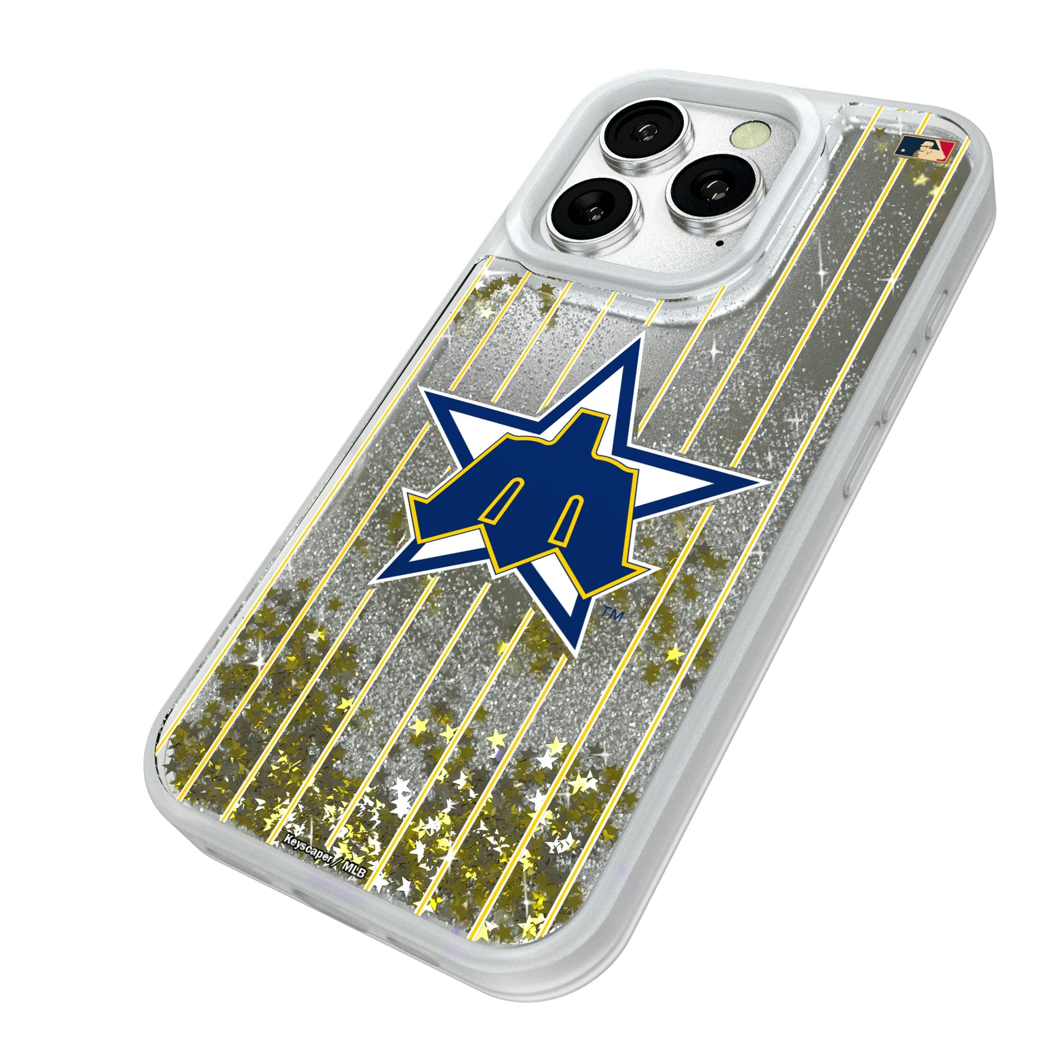 Seattle Mariners 1981-1986 - Cooperstown Collection Pinstripe iPhone Glitter Phone Case for Apple iPhone - Isometric View#Device_iPhone 16 Pro