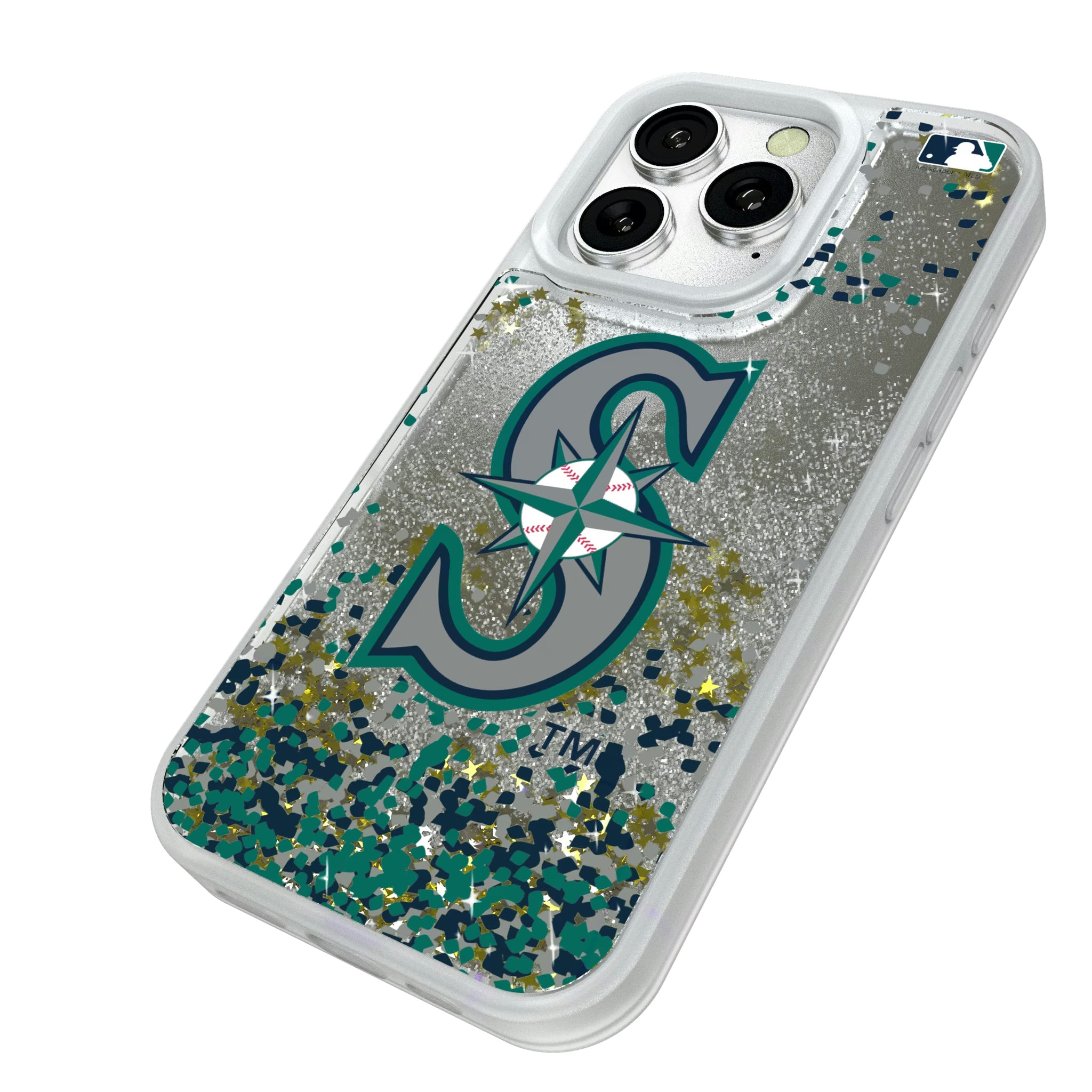 Seattle Mariners Confetti iPhone Glitter Phone Case for Apple iPhone - Isometric View#Device_iPhone 16 Pro
