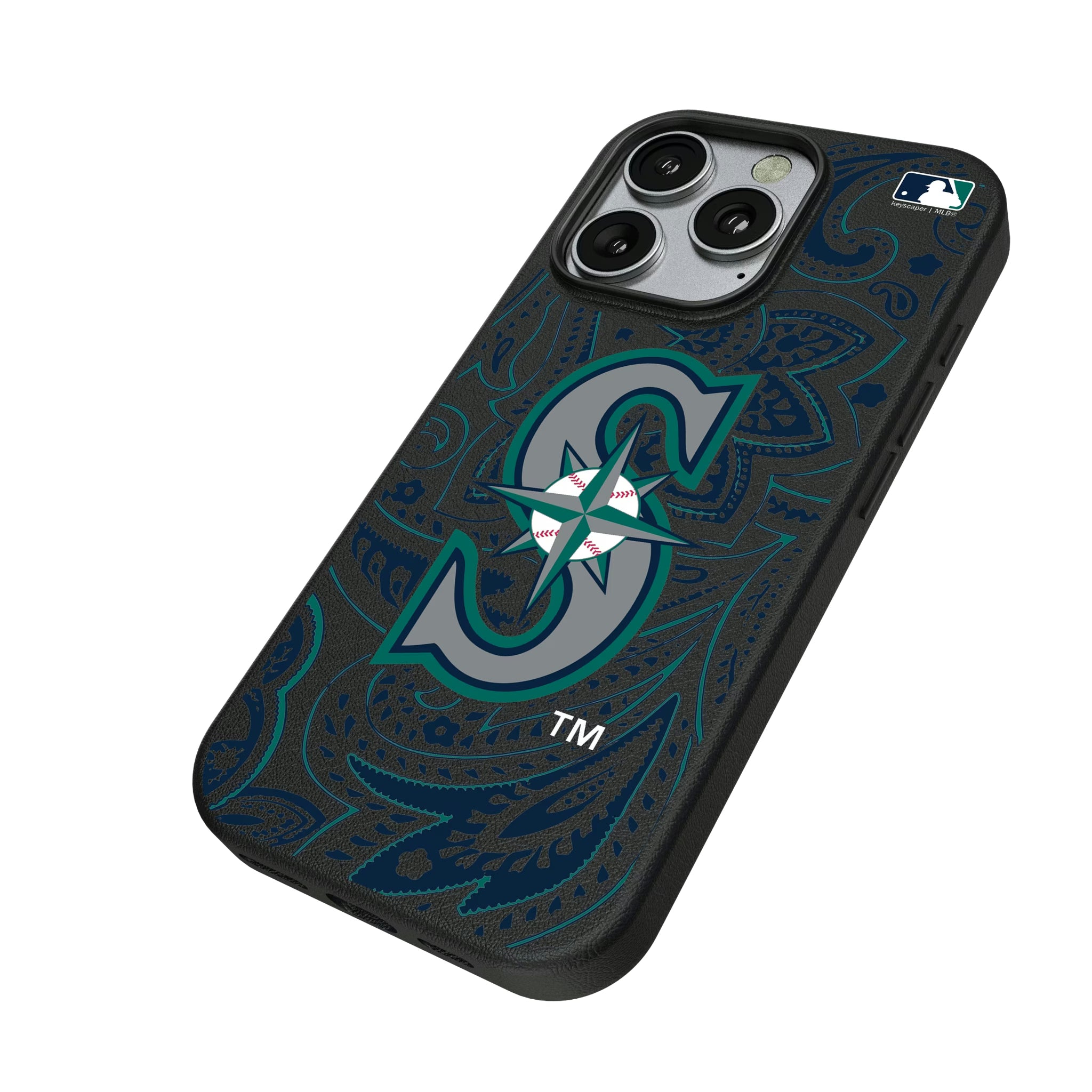 Seattle Mariners Paisley iPhone MagSafe Compatible Phone Case for Apple iPhone - Isometric View