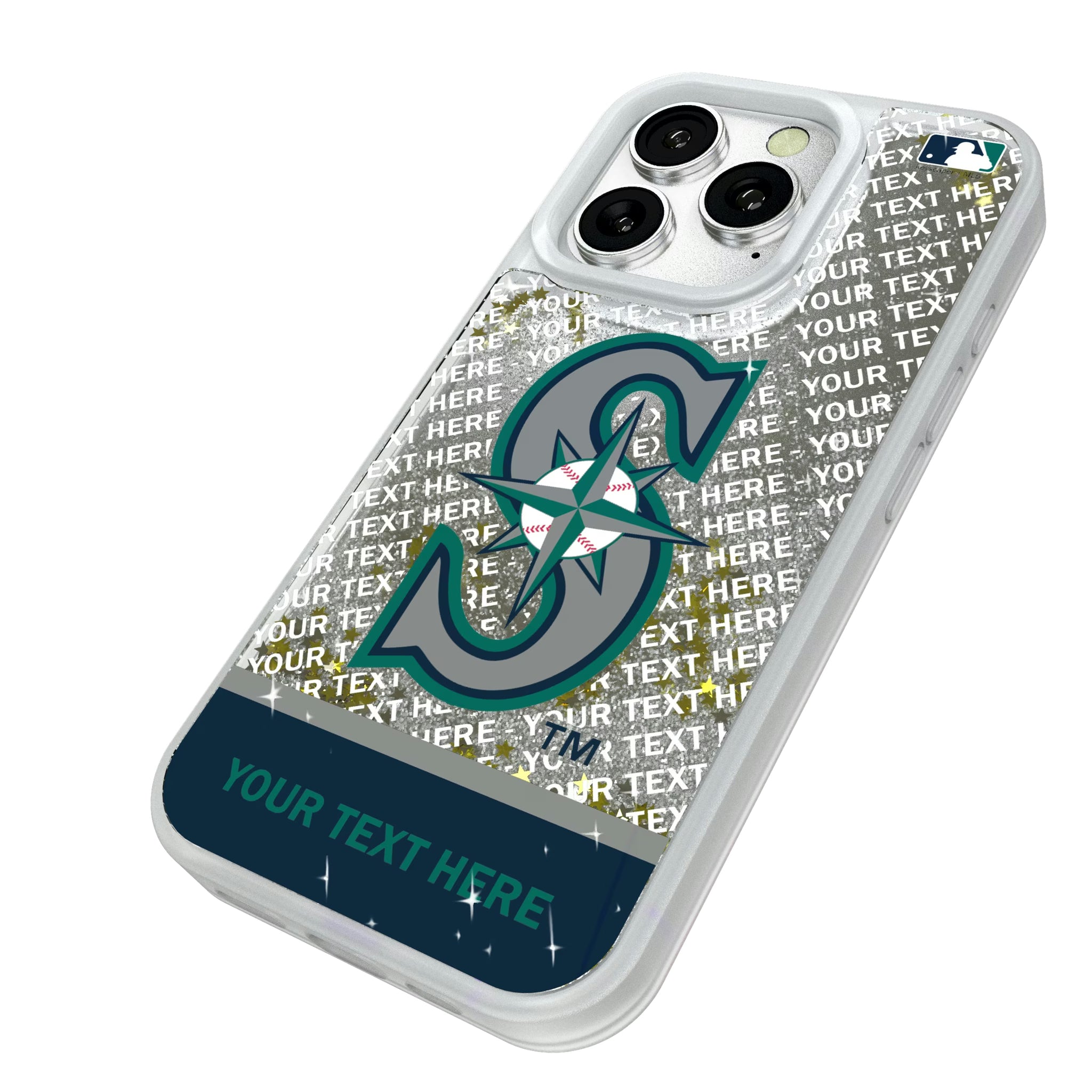 Seattle Mariners Personalized EndZone Plus iPhone Glitter Phone Case for Apple iPhone - Isometric View#Device_iPhone 16 Pro