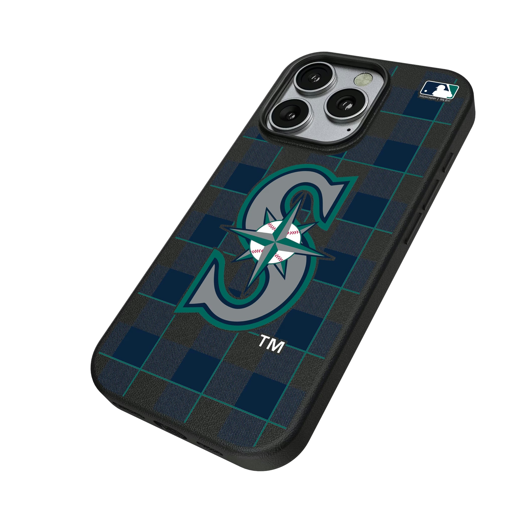 Seattle Mariners Plaid iPhone MagSafe Compatible Phone Case for Apple iPhone - Isometric View