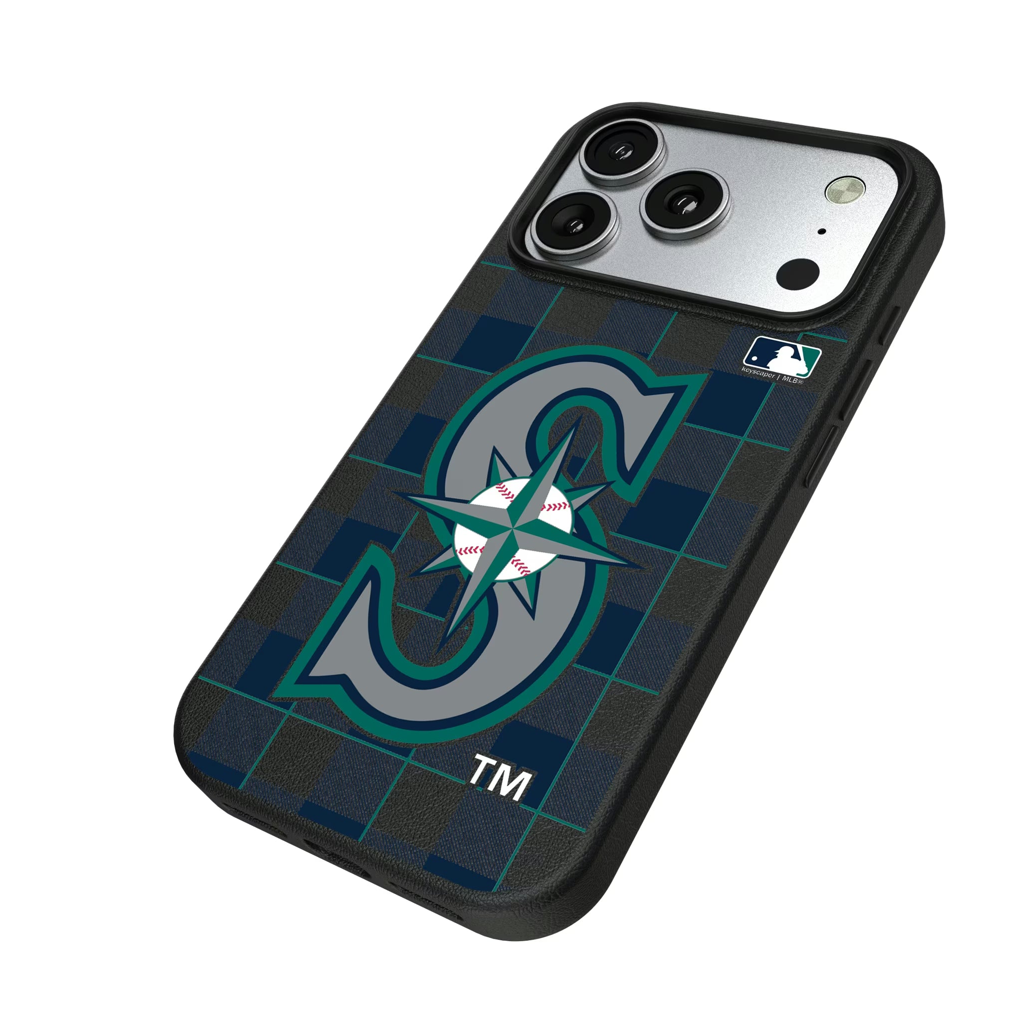Seattle Mariners Plaid iPhone MagSafe Compatible Phone Case for Apple iPhone - Isometric View#Device_iPhone 17 Pro