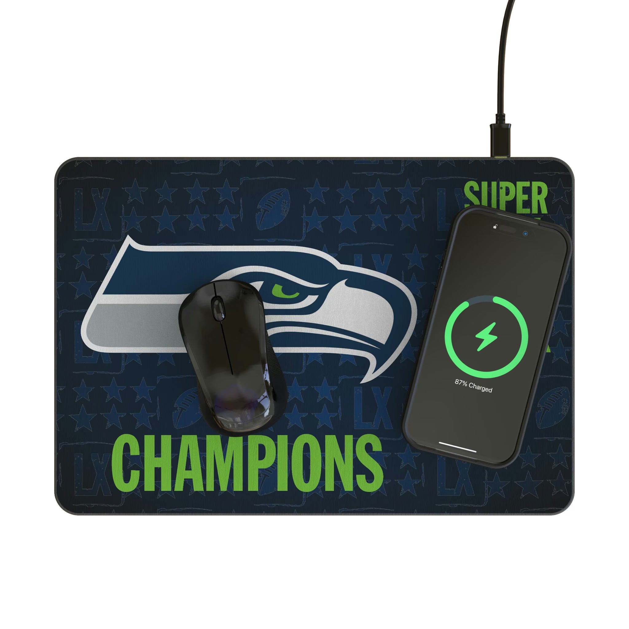 Seattle Seahawks 2026 Super Bowl 15-Watt Wireless Charger and Mouse Pad - Lifestyle