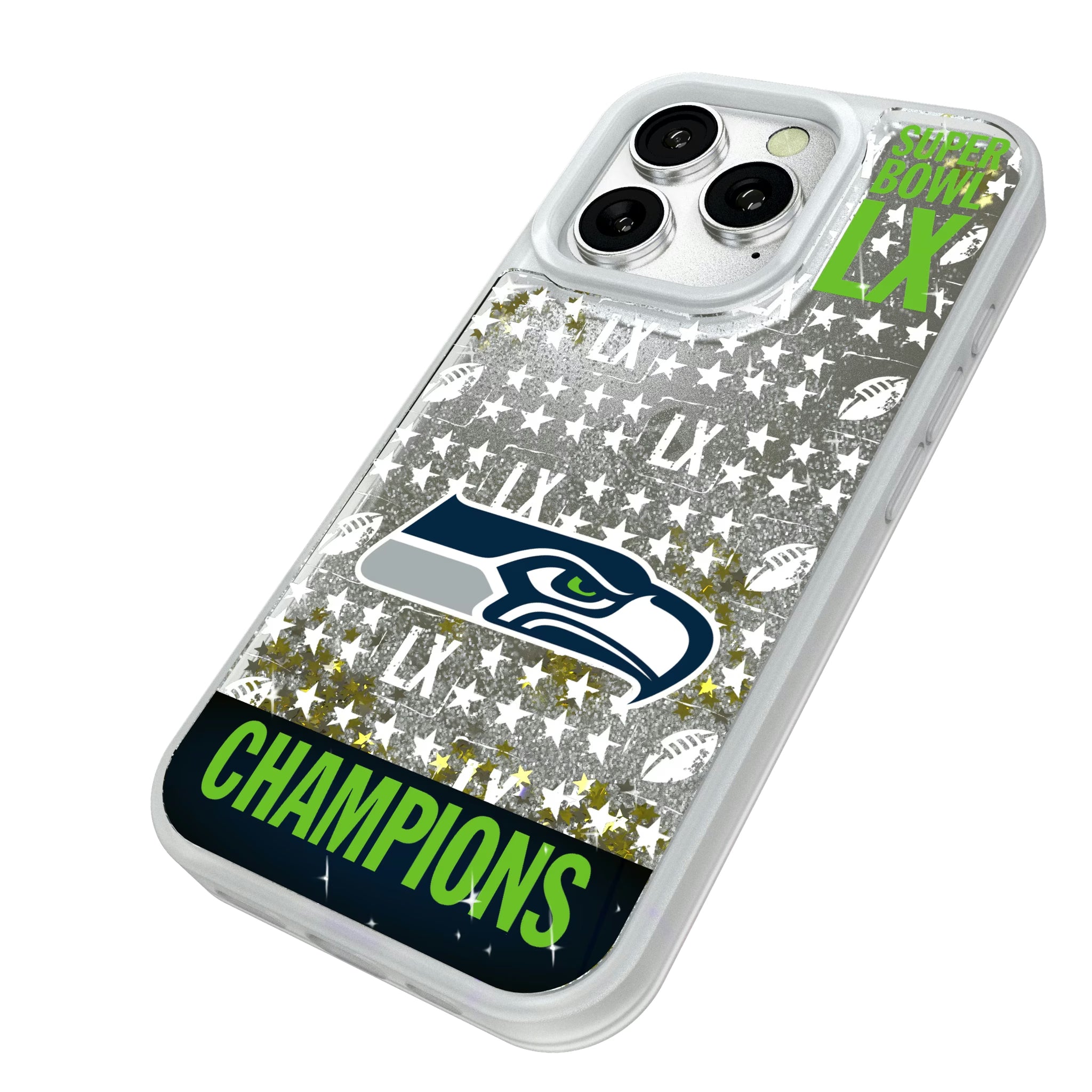 Seattle Seahawks 2026 Super Bowl iPhone Glitter Phone Case for Apple iPhone - Isometric View#Device_iPhone 16 Pro