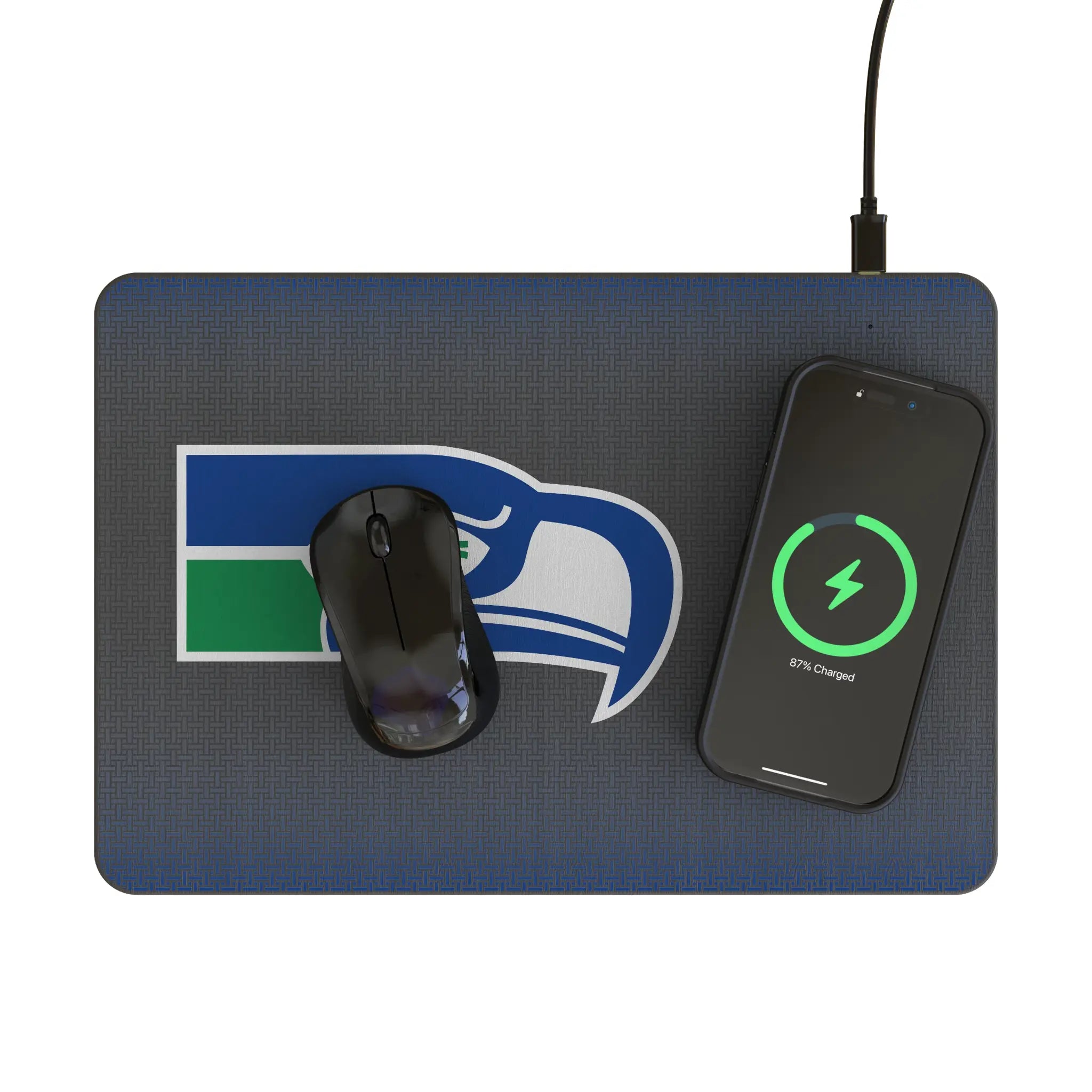 Seattle Seahawks Historic Collection Linen 15-Watt Wireless Charger and Mouse Pad - Lifestyle