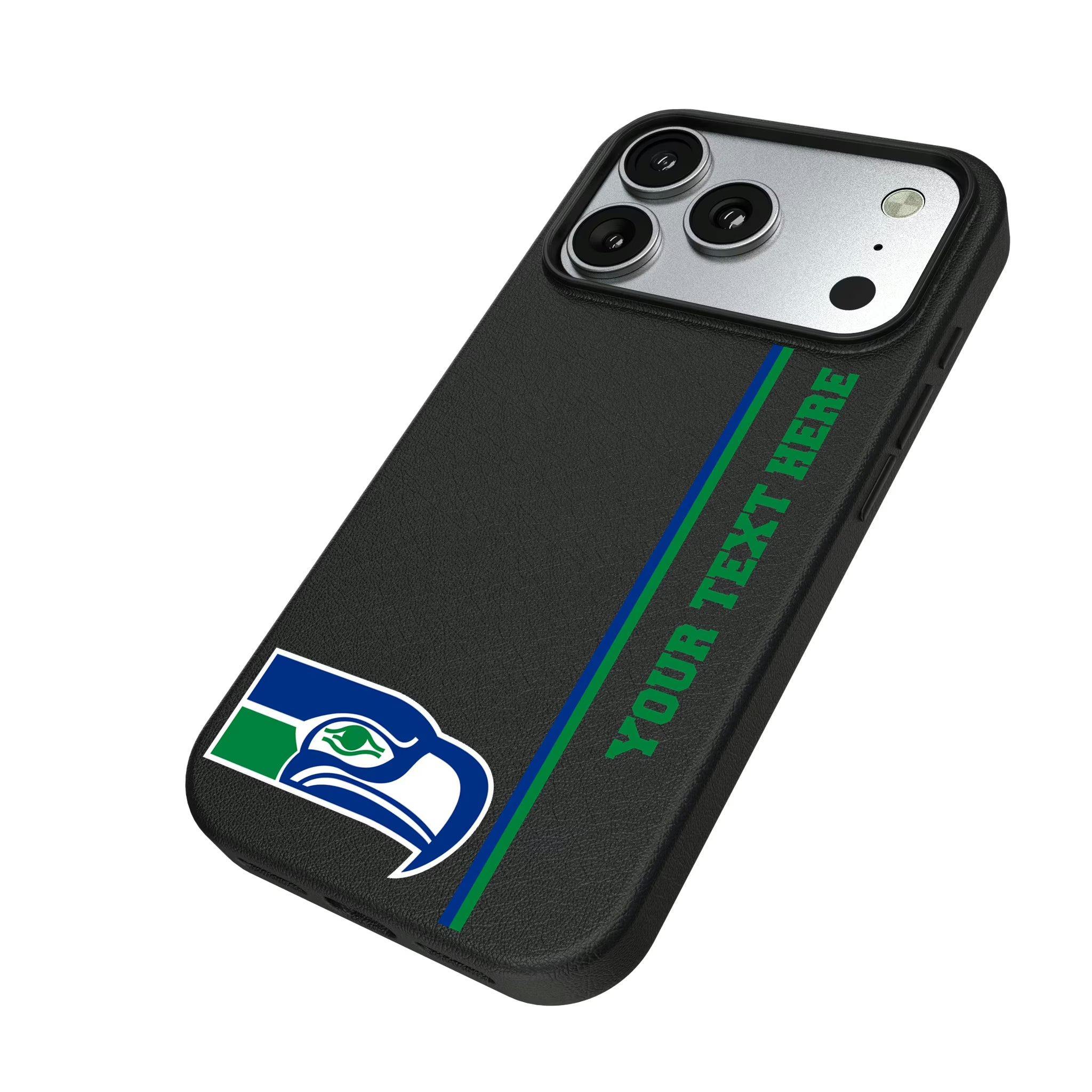 Seattle Seahawks Historic Collection Personalized Sidebard iPhone MagSafe Compatible Phone Case for Apple iPhone - Isometric View#Device_iPhone 17 Pro