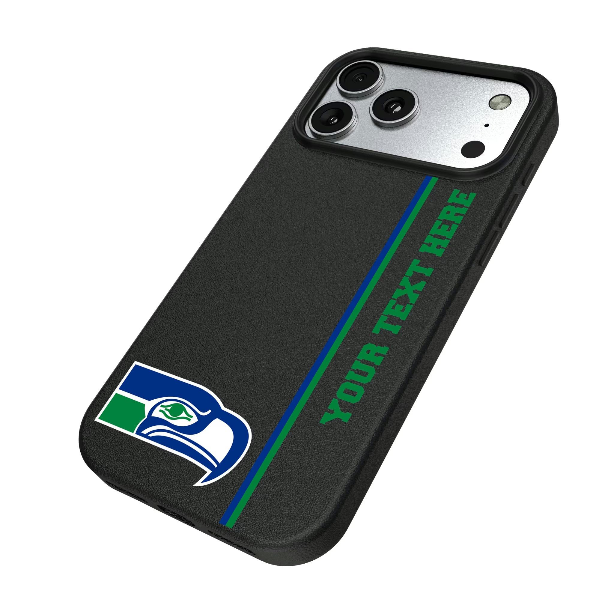 Seattle Seahawks Historic Collection Personalized Sidebard iPhone MagSafe Compatible Phone Case for Apple iPhone - Isometric View#Device_iPhone 17 Pro Max