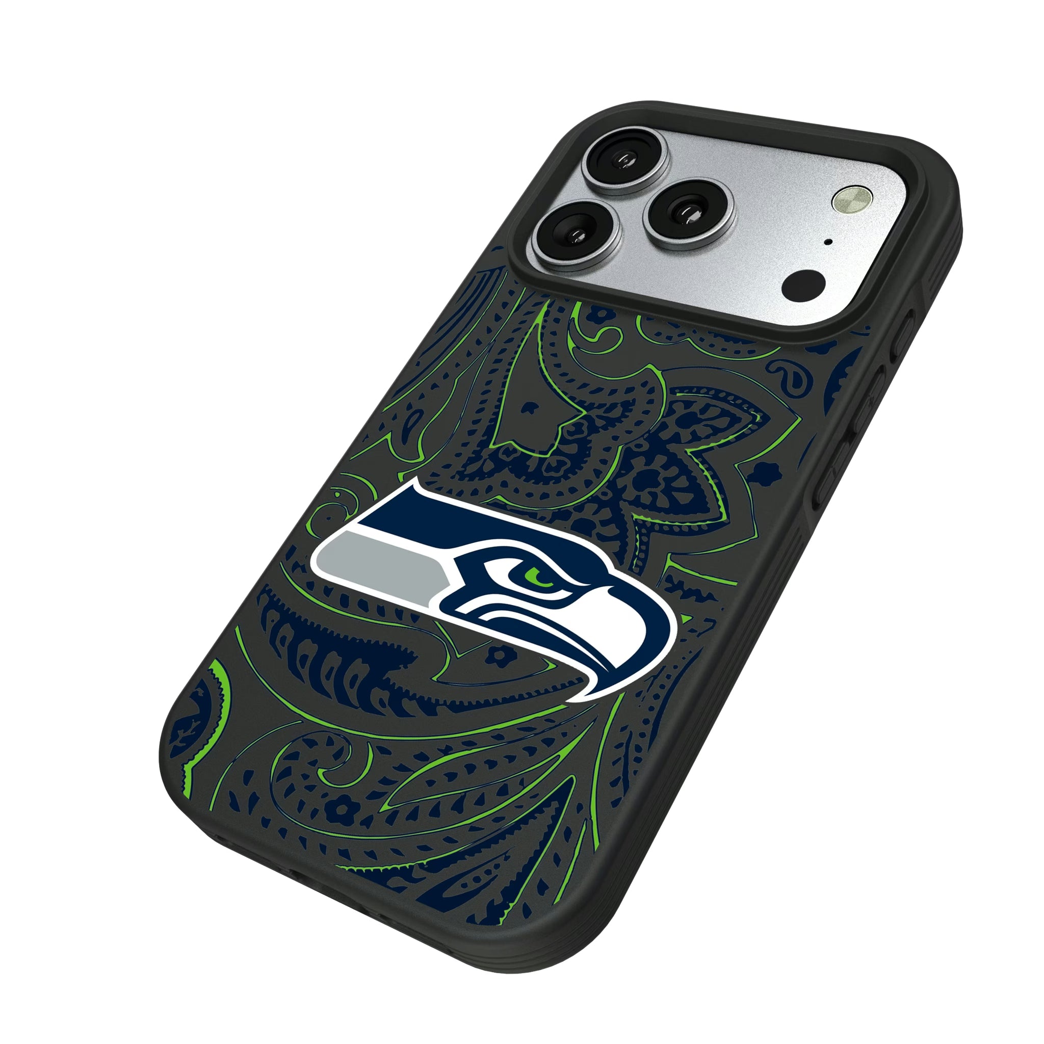 Seattle Seahawks Paisley iPhone Bump Phone Case for Apple iPhone - Isometric View#Device_iPhone 17 Pro