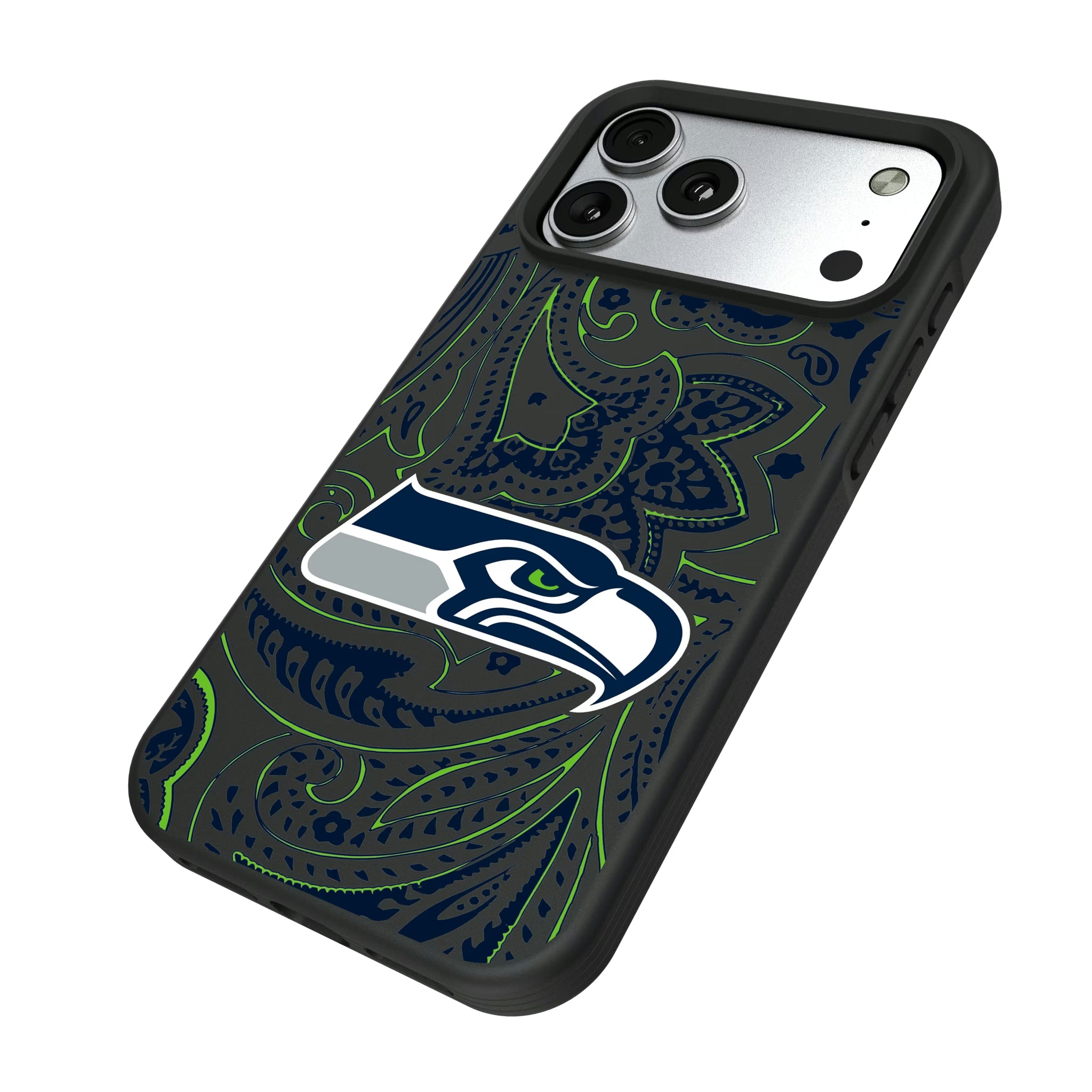 Seattle Seahawks Paisley iPhone Bump Phone Case for Apple iPhone - Isometric View#Device_iPhone 17 Pro Max