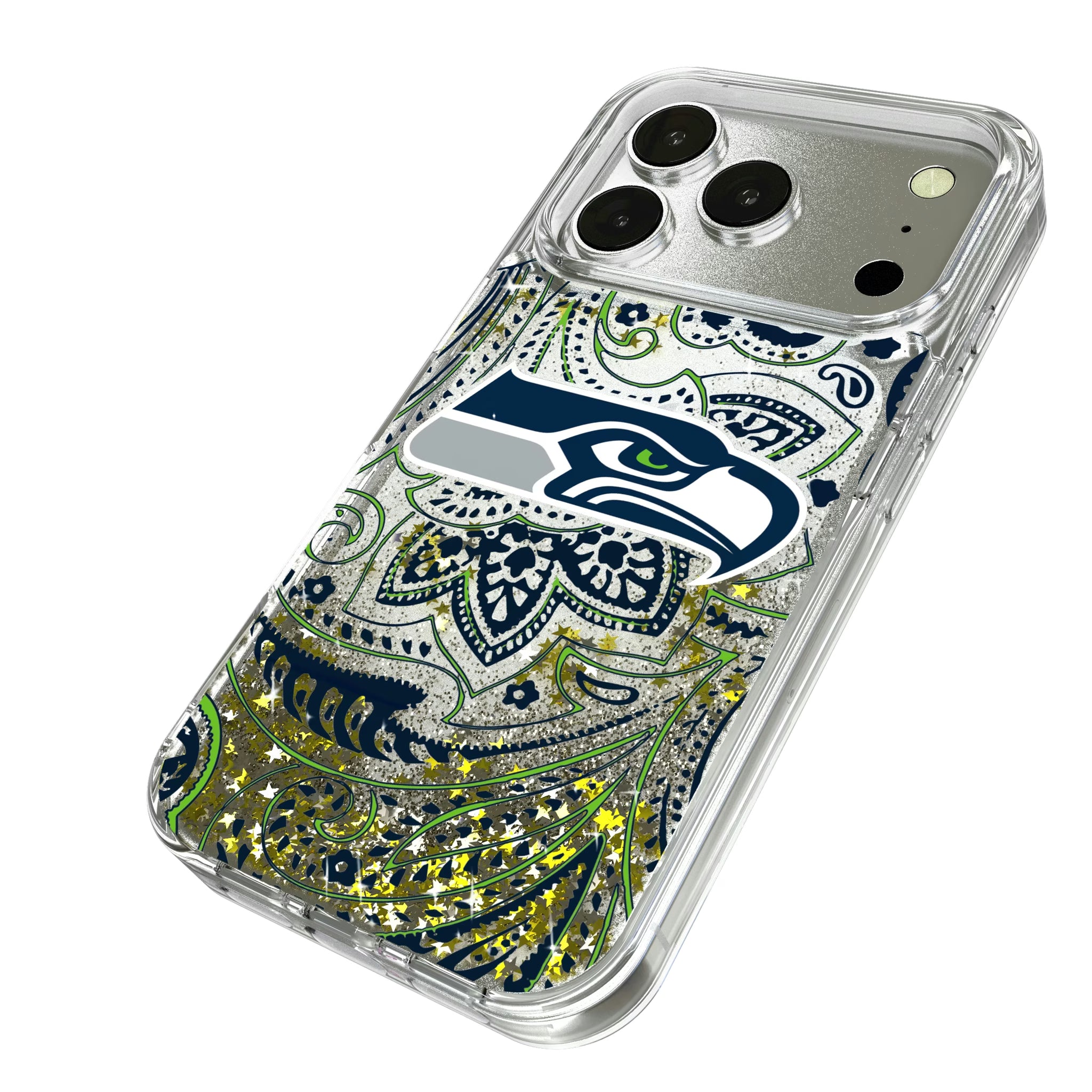 Seattle Seahawks Paisley iPhone Glitter Phone Case for Apple iPhone - Isometric View