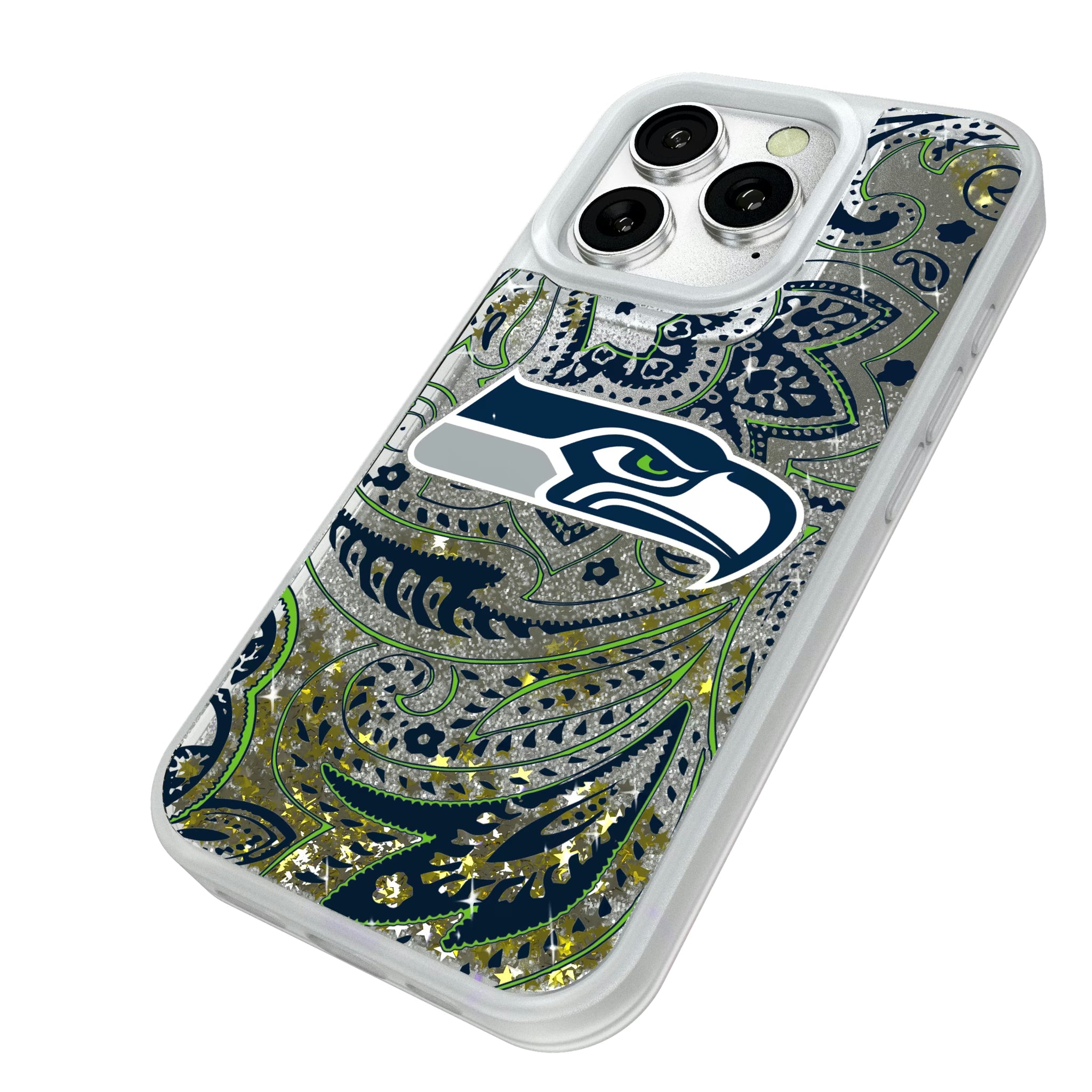 Seattle Seahawks Paisley iPhone Glitter Phone Case for Apple iPhone - Isometric View#Device_iPhone 16 Pro