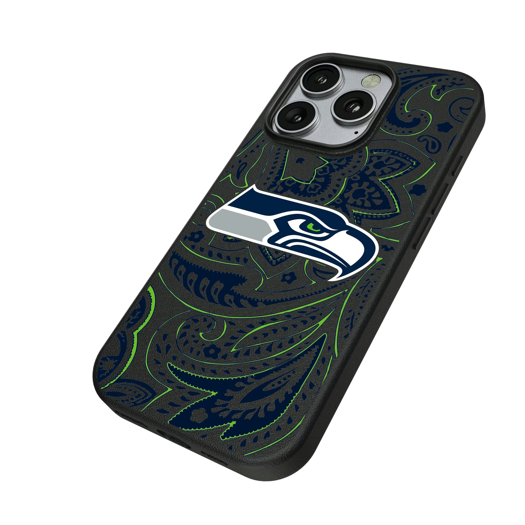 Seattle Seahawks Paisley iPhone MagSafe Compatible Phone Case for Apple iPhone - Isometric View