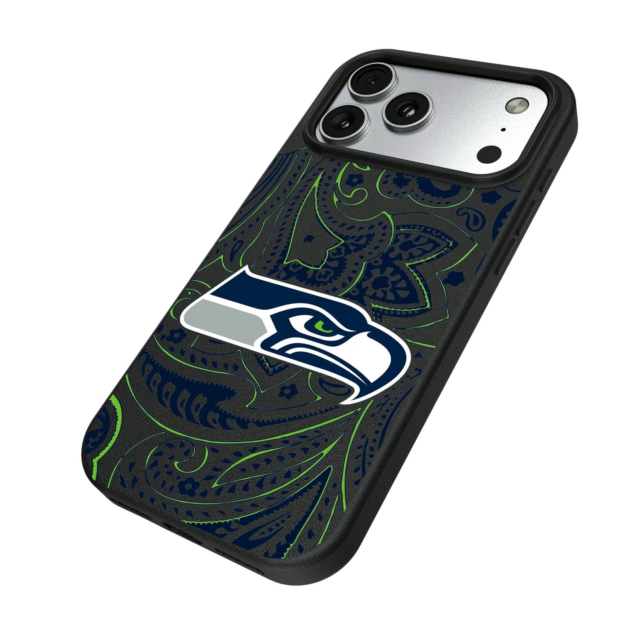 Seattle Seahawks Paisley iPhone MagSafe Compatible Phone Case for Apple iPhone - Isometric View#Device_iPhone 17 Pro Max