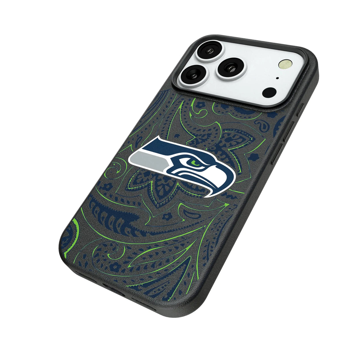 Seattle Seahawks Paisley iPhone MagSafe Compatible Phone Case for Apple iPhone - Isometric View#Device_iPhone 18 Pro