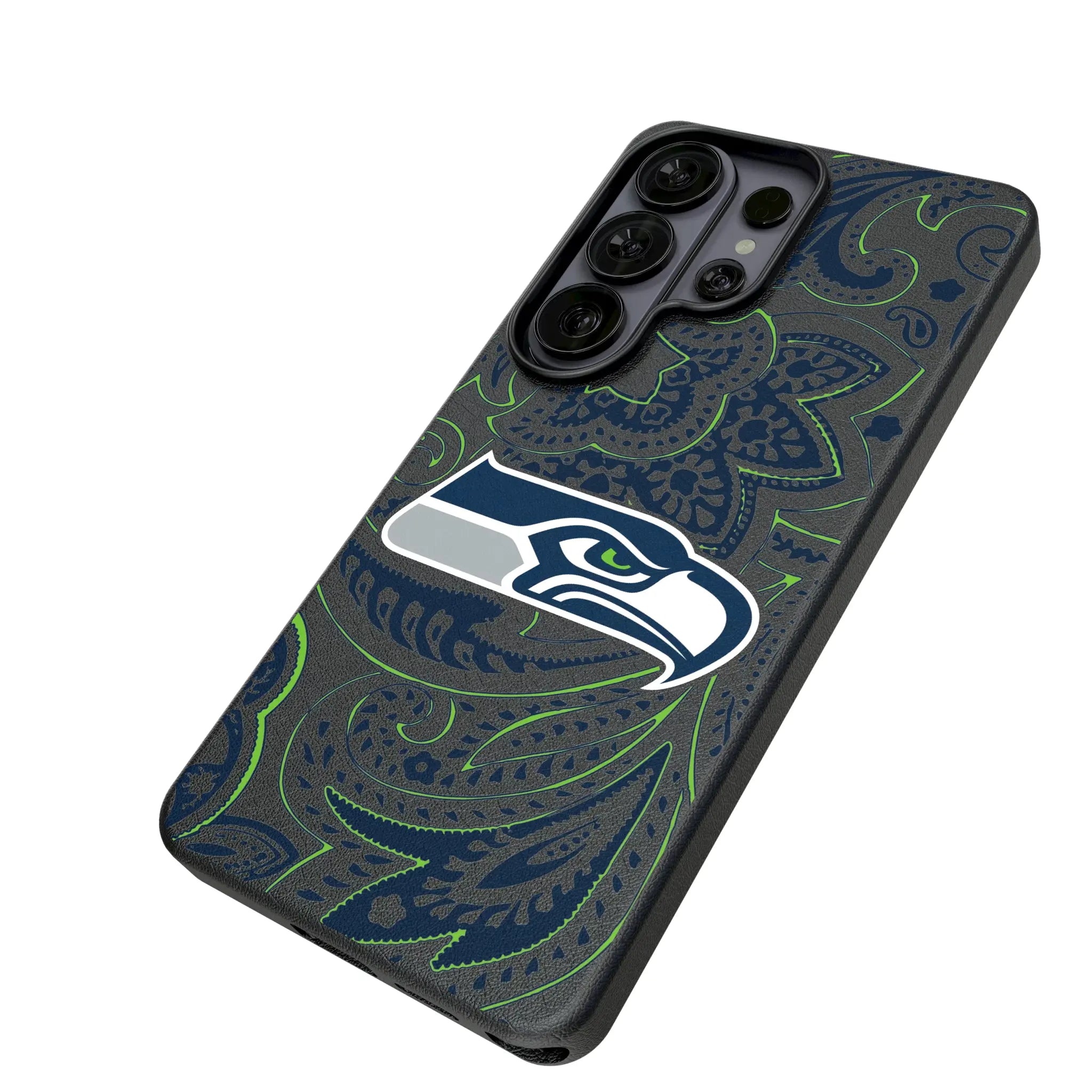 Seattle Seahawks Paisley Galaxy MagSafe Compatible Phone Case for Samsung Galaxy - Isometric View#Device_Galaxy S26 Ultra