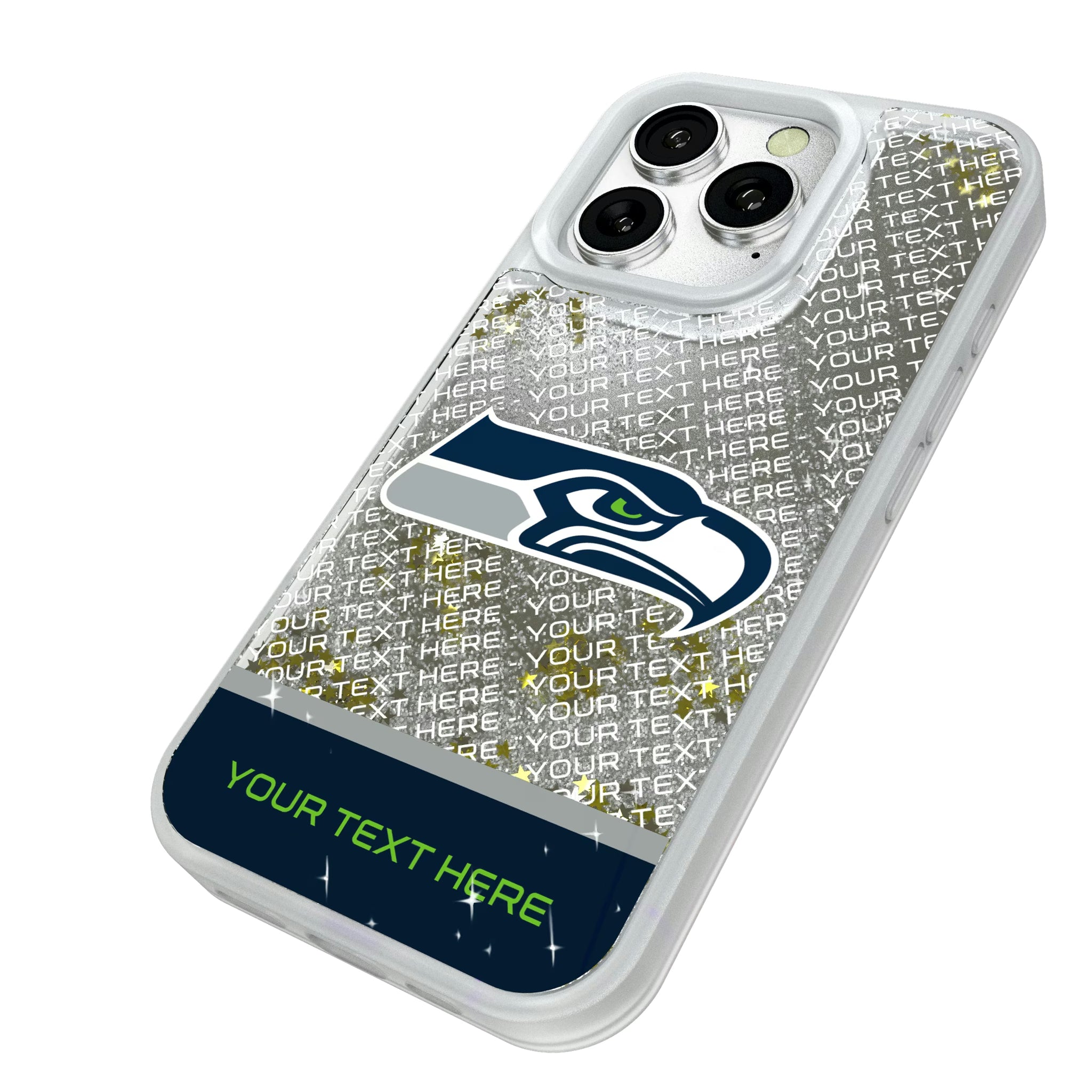 Seattle Seahawks Personalized EndZone Plus iPhone Glitter Phone Case for Apple iPhone - Isometric View#Device_iPhone 16 Pro
