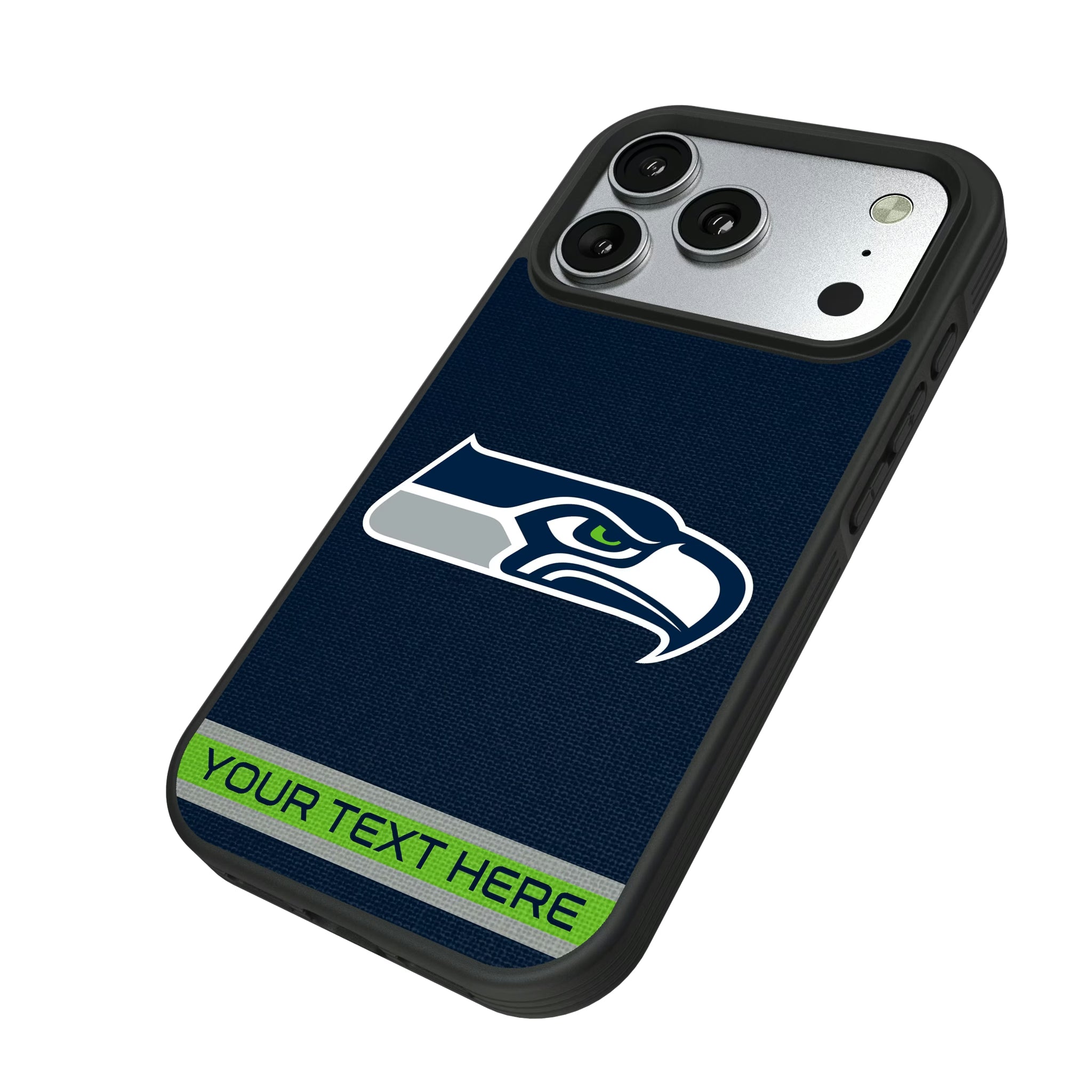 Seattle Seahawks Personalized Stripe iPhone Bump Phone Case for Apple iPhone - Isometric View#Device_iPhone 17 Pro