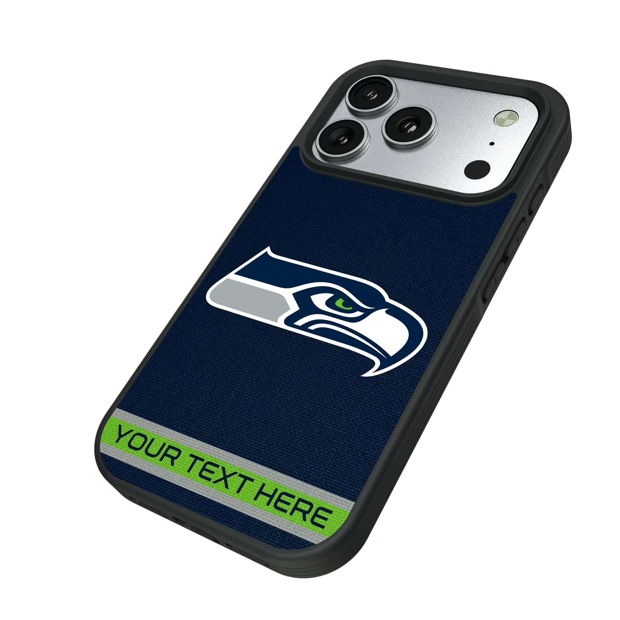 Seattle Seahawks Personalized Stripe iPhone Bump Phone Case for Apple iPhone - Isometric View#Device_iPhone 17 Pro