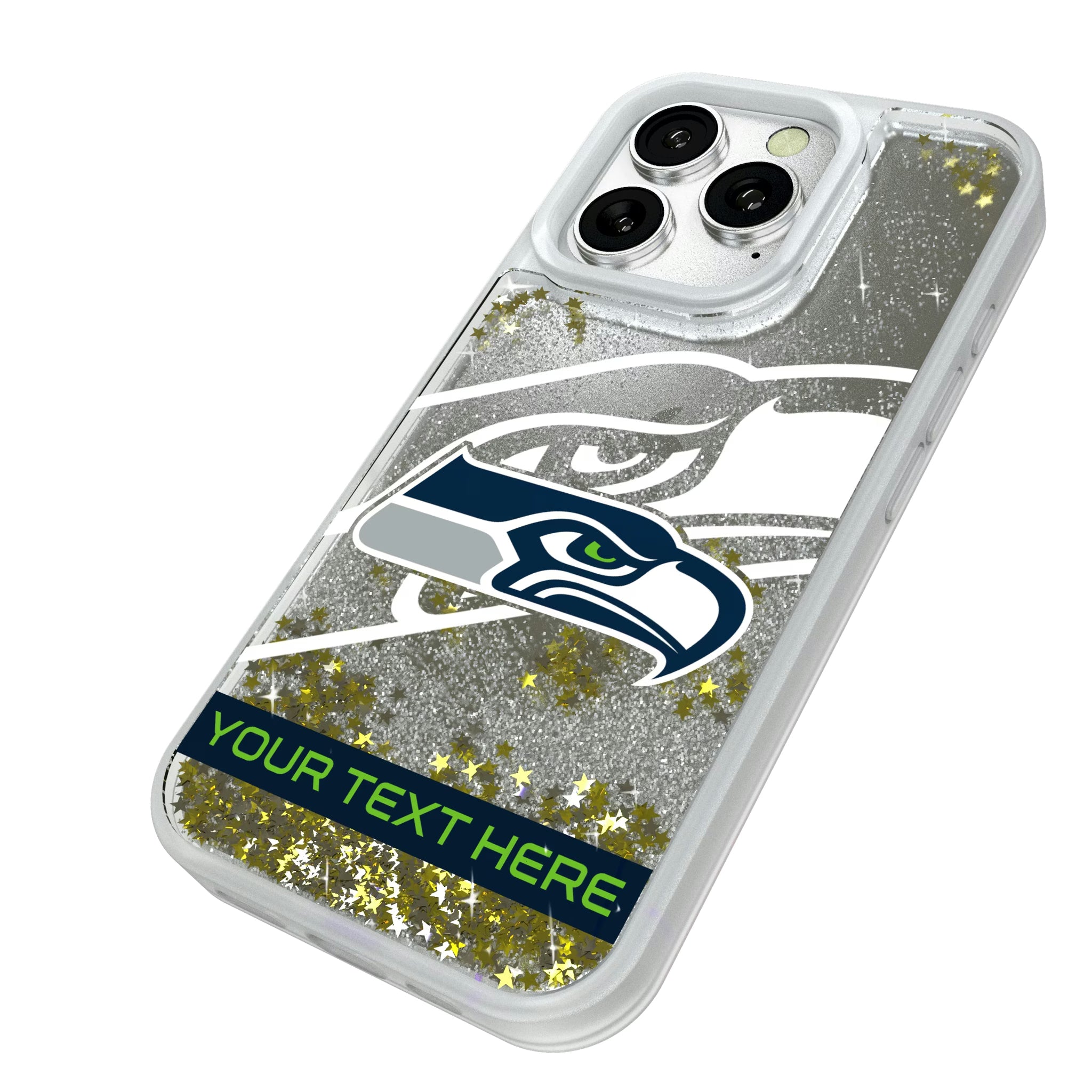 Seattle Seahawks Personalized Tilt iPhone Glitter Phone Case for Apple iPhone - Isometric View#Device_iPhone 16 Pro