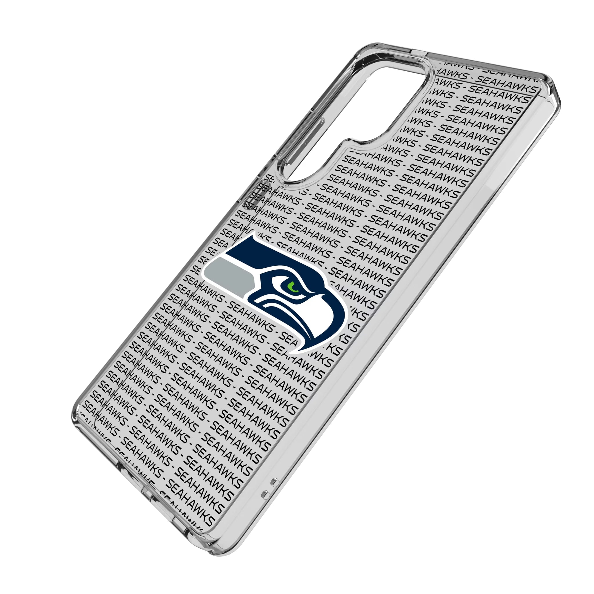 Seattle Seahawks Text Backdrop Galaxy Clear Phone Case for Samsung Galaxy - Isometric View
