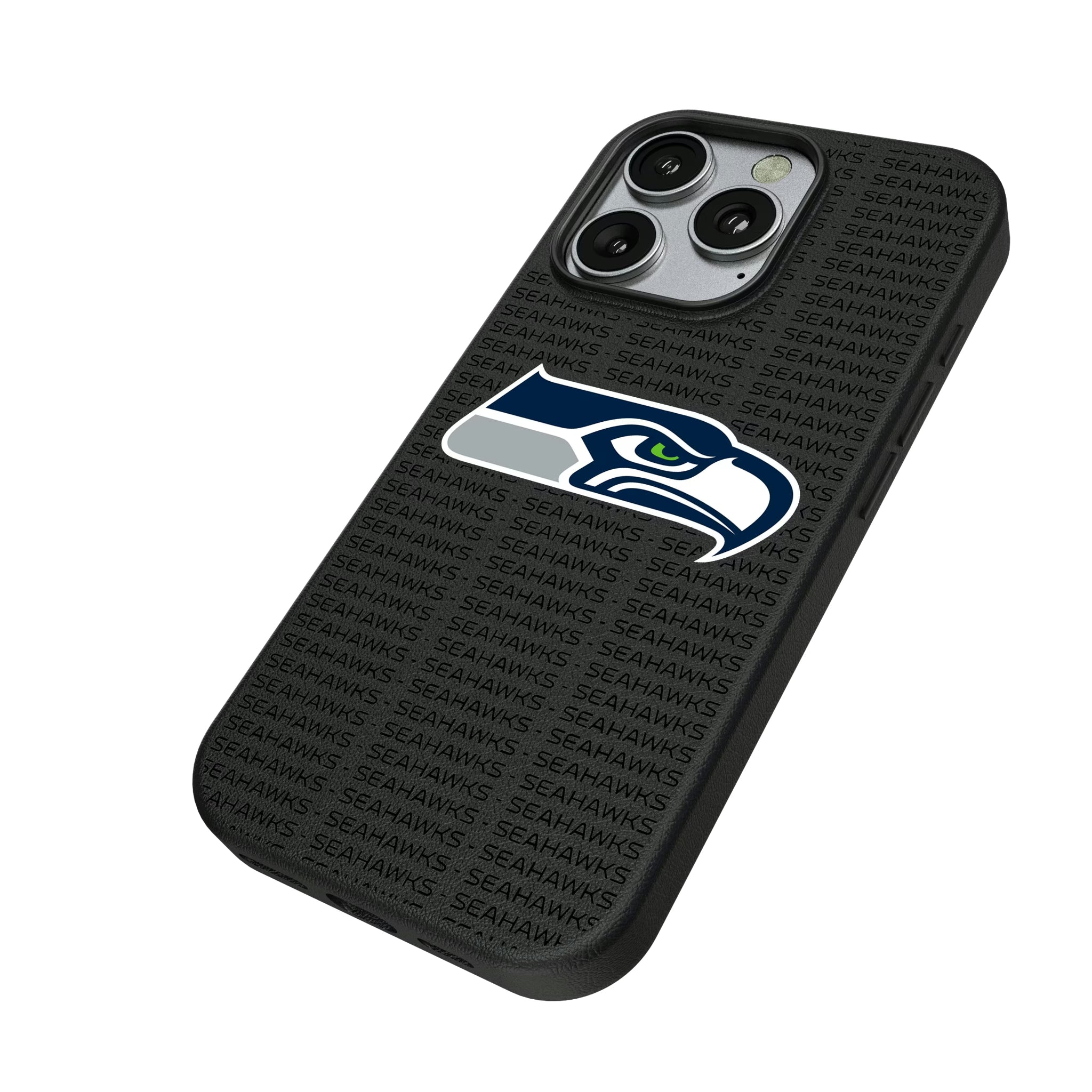 Seattle Seahawks Text Backdrop iPhone MagSafe Compatible Phone Case for Apple iPhone - Isometric View